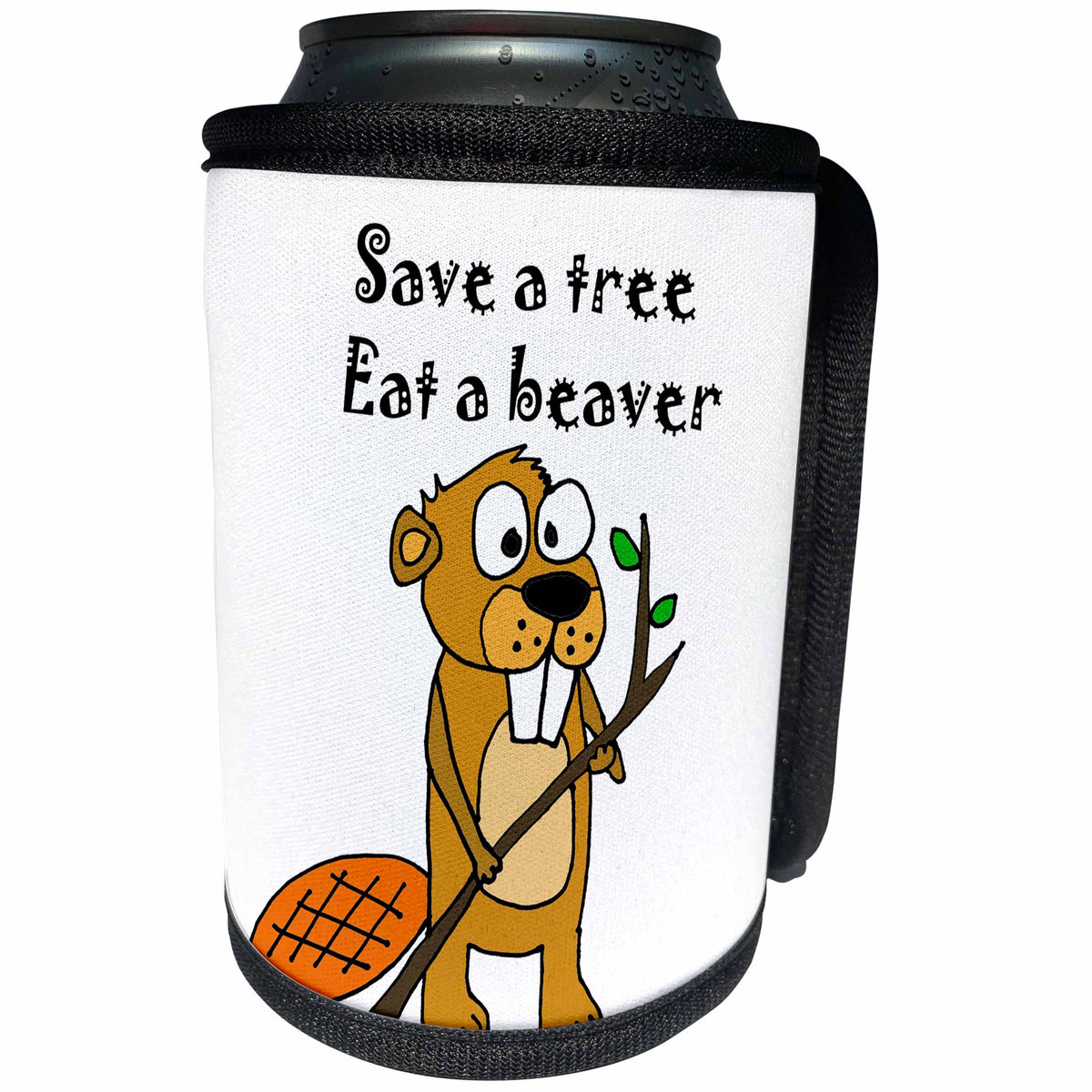 3dRose All Smiles Art Funny - Funny Beaver with Tree Cartoon says Save a tree Eat a Beaver - Can Cooler Bottle Wrap (cc_243541)