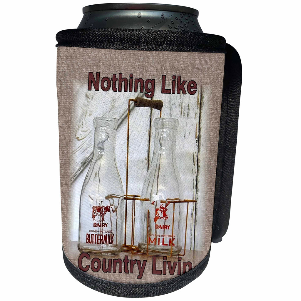 3dRose Florene Country Life - Image of Country Milk Bottles With Message On Tan Burlap - Can Cooler Bottle Wrap (cc_243547)