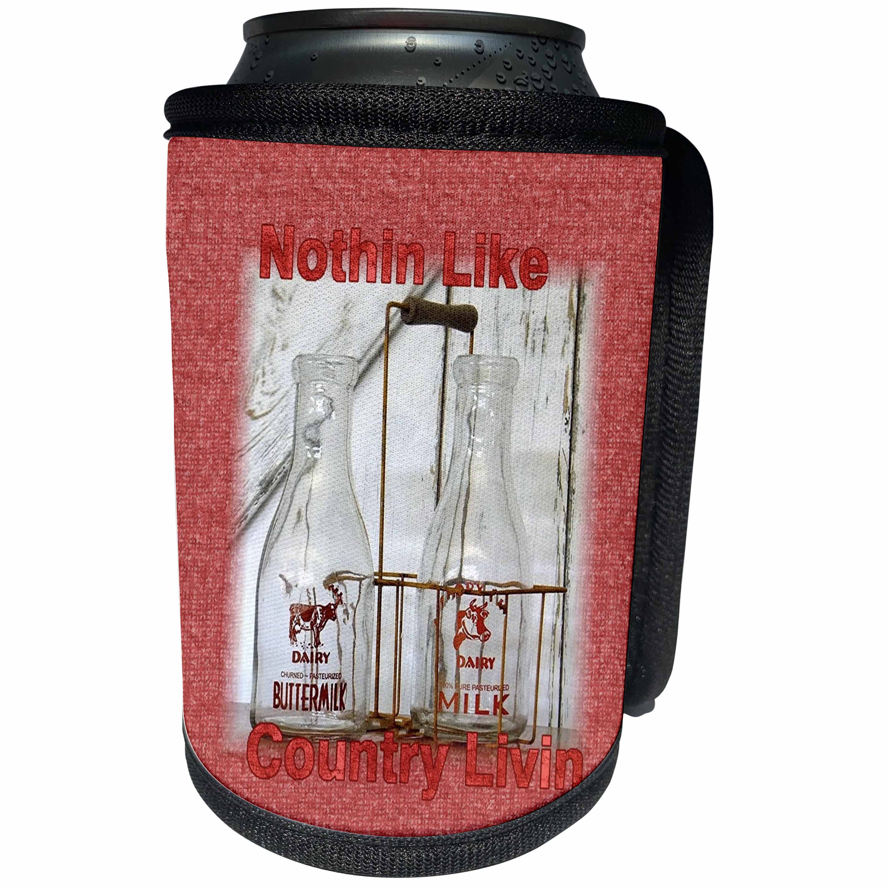3dRose Florene Country Life - Image of Country Milk bottles On Red Burlap With Message - Can Cooler Bottle Wrap (cc_243548)