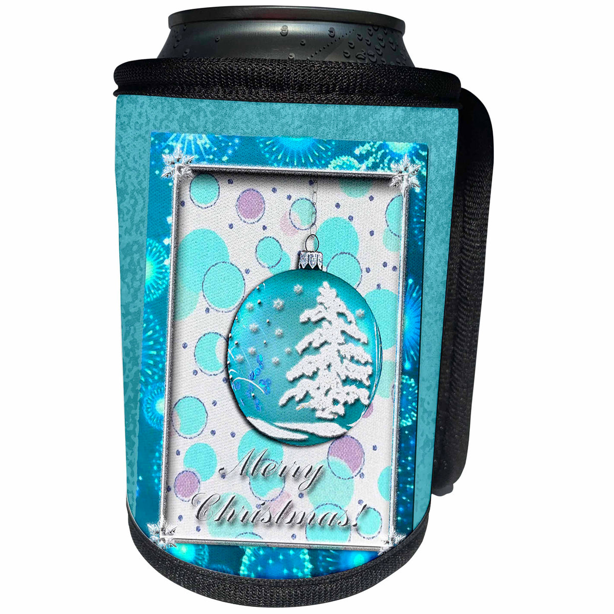 3dRose Beverly Turner Christmas Design - Aqua Snow Tree Ornament Merry Christmas - Can Cooler Bottle Wrap (cc_24356)