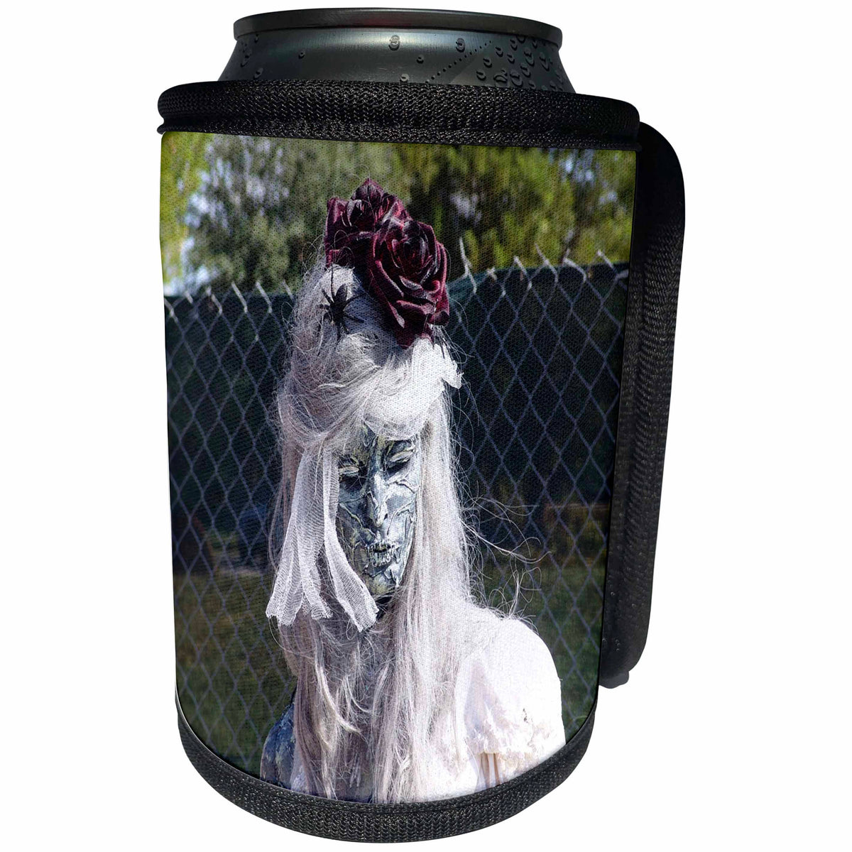 3dRose Florene Grunge - Image of Halloween Gothic Bride Statue Ft Myers Florida - Can Cooler Bottle Wrap (cc_243573)