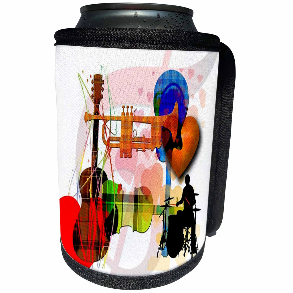 3dRose Florene Music - Image of Mix Of Plaid Guitar Drums And Trombone Collage - Can Cooler Bottle Wrap (cc_243574)