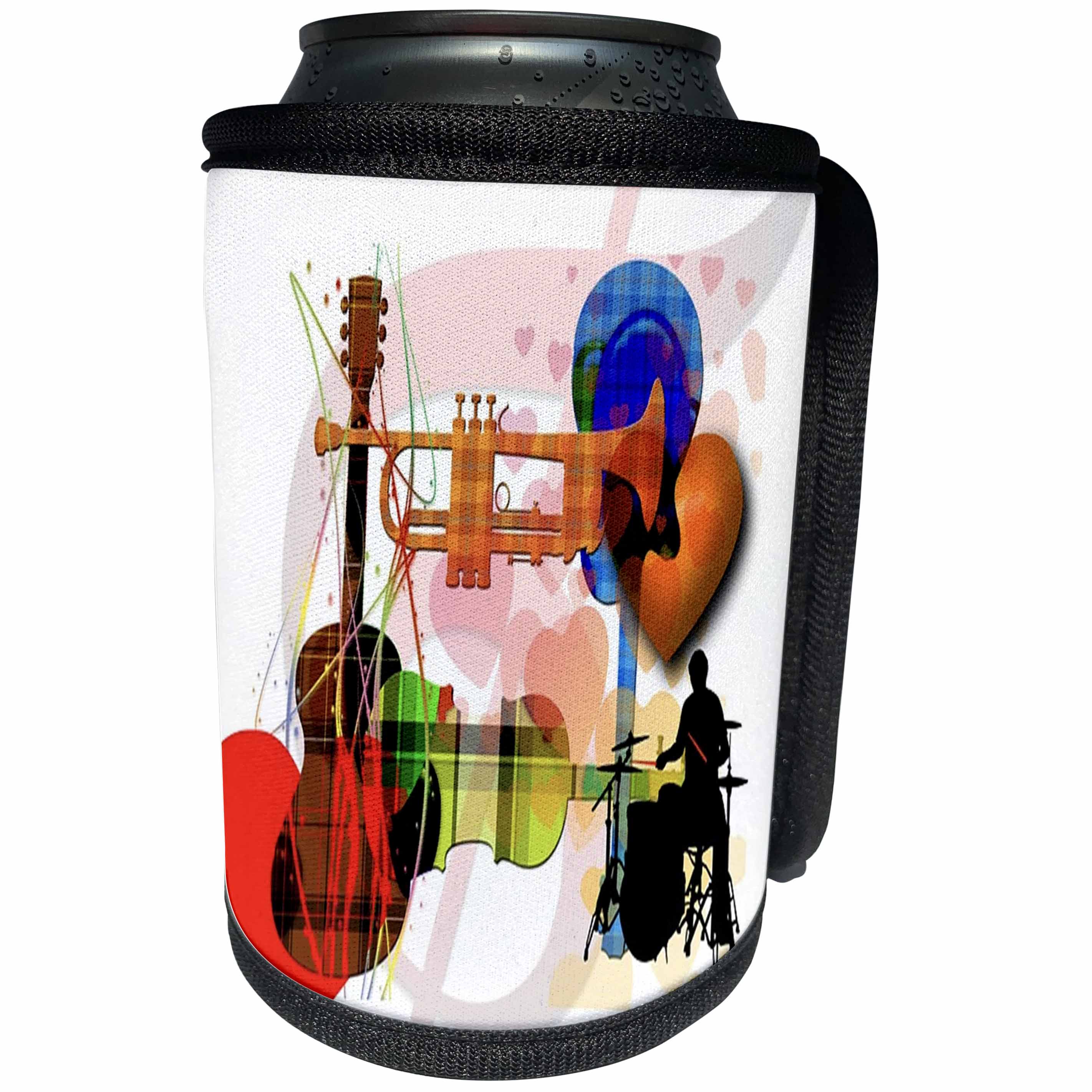 3dRose Florene Music - Image of Mix Of Plaid Guitar Drums And Trombone Collage - Can Cooler Bottle Wrap (cc_243574)