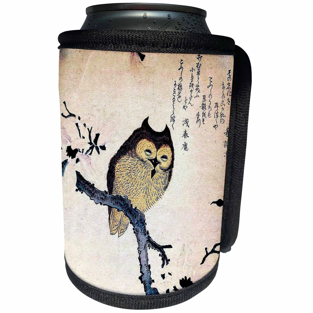 3dRose Florene Oriental - Image of Ancient Japanese Wood Cut Painting Of An Owl - Can Cooler Bottle Wrap (cc_243581)