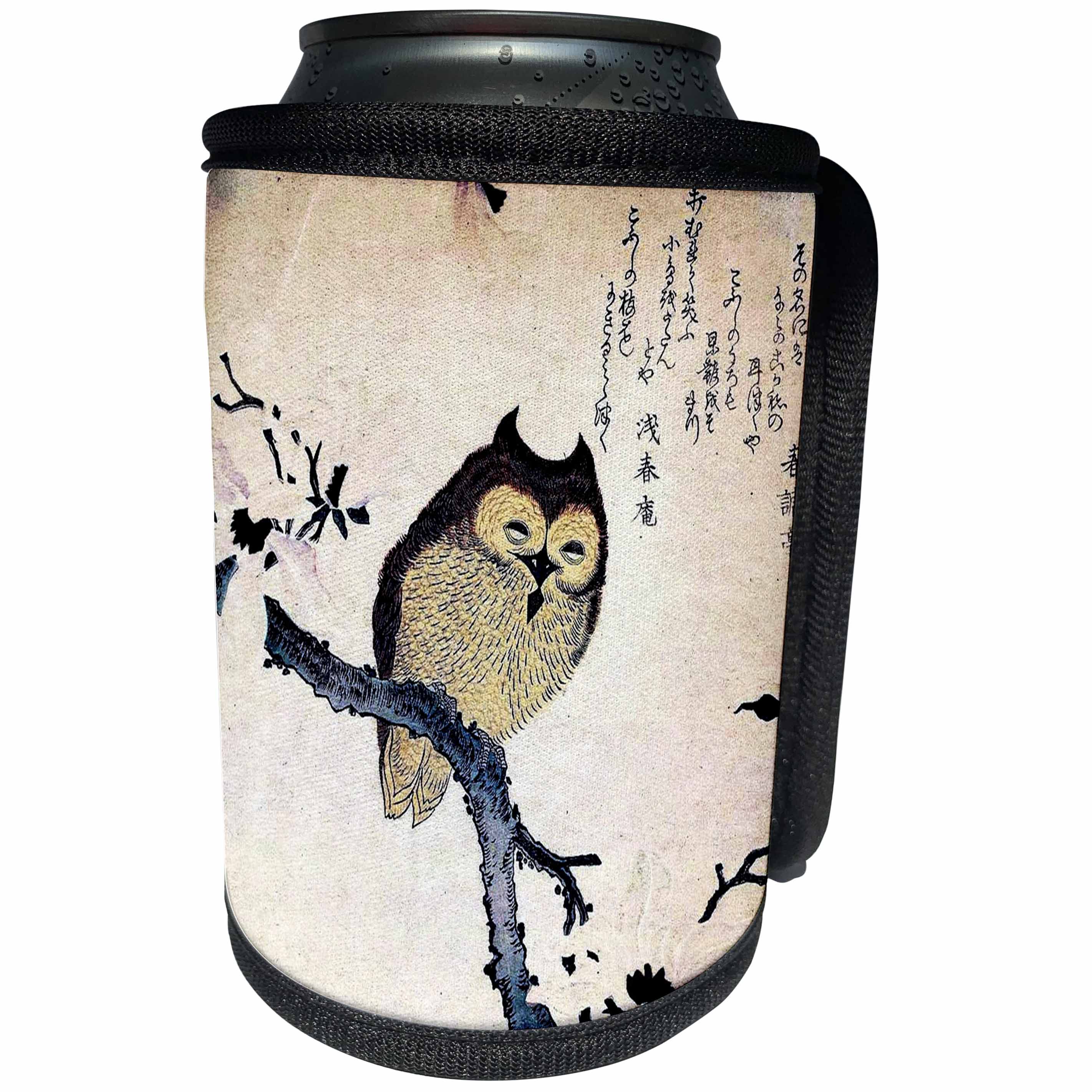 3dRose Florene Oriental - Image of Ancient Japanese Wood Cut Painting Of An Owl - Can Cooler Bottle Wrap (cc_243581)