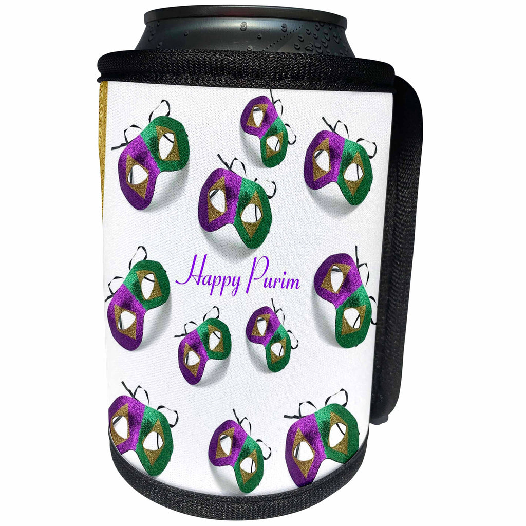 3dRose Florene Jewish Themes - Image of Purple And Green Purim Masks With Happy Purim - Can Cooler Bottle Wrap (cc_243582)