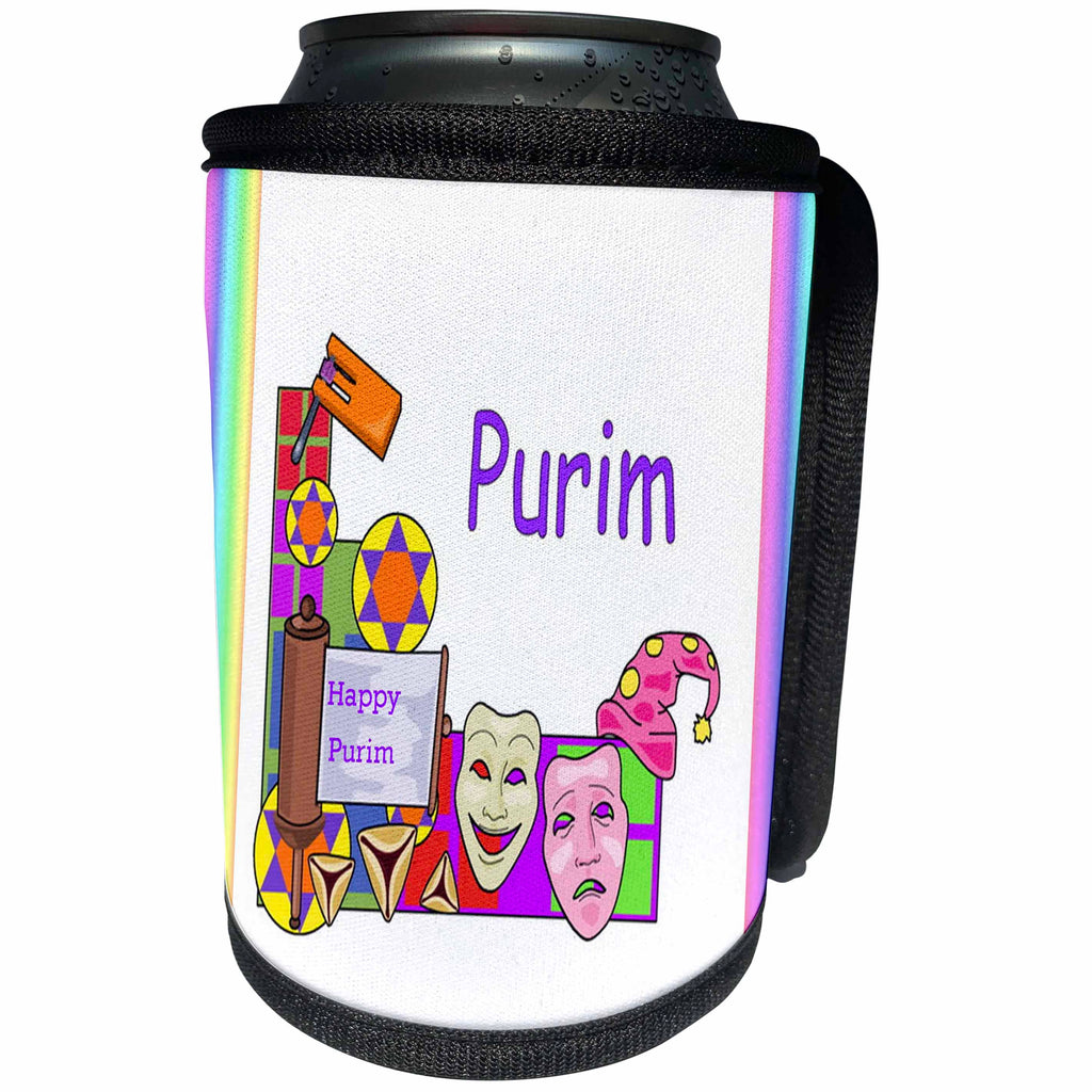 3dRose Florene Jewish Themes - Image of Purim Cartoon With Grogger Masks And Magen David - Can Cooler Bottle Wrap (cc_243583)