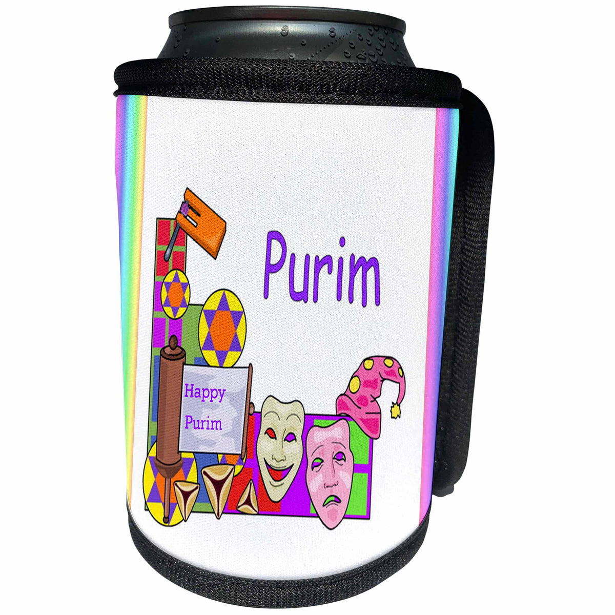 3dRose Florene Jewish Themes - Image of Purim Cartoon With Grogger Masks And Magen David - Can Cooler Bottle Wrap (cc_243583)