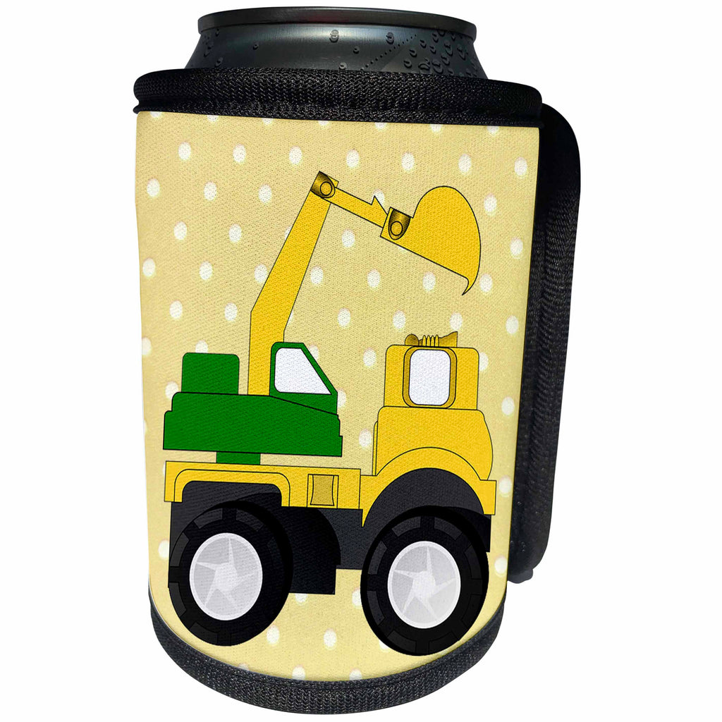 3dRose Florene Childrens Art V - Image of Cartoon Backhoe On Yellow Dots - Can Cooler Bottle Wrap (cc_243585)