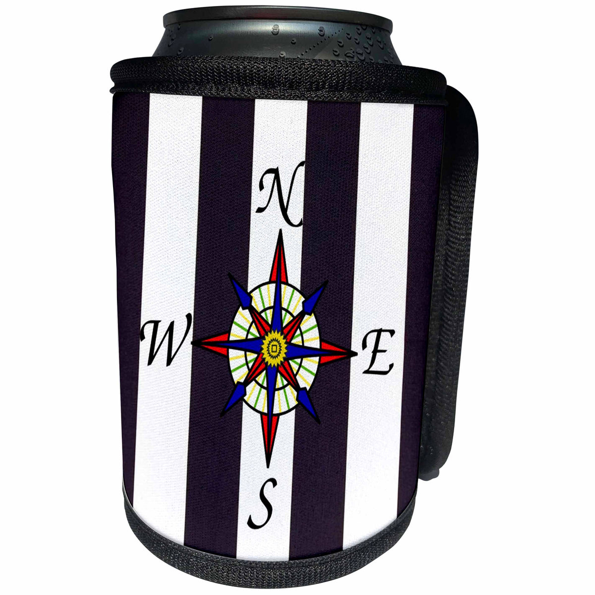 3dRose Florene Nautical Décor - Image of Nautical Compass On Sailor Blue And White Stripes - Can Cooler Bottle Wrap (cc_243588)