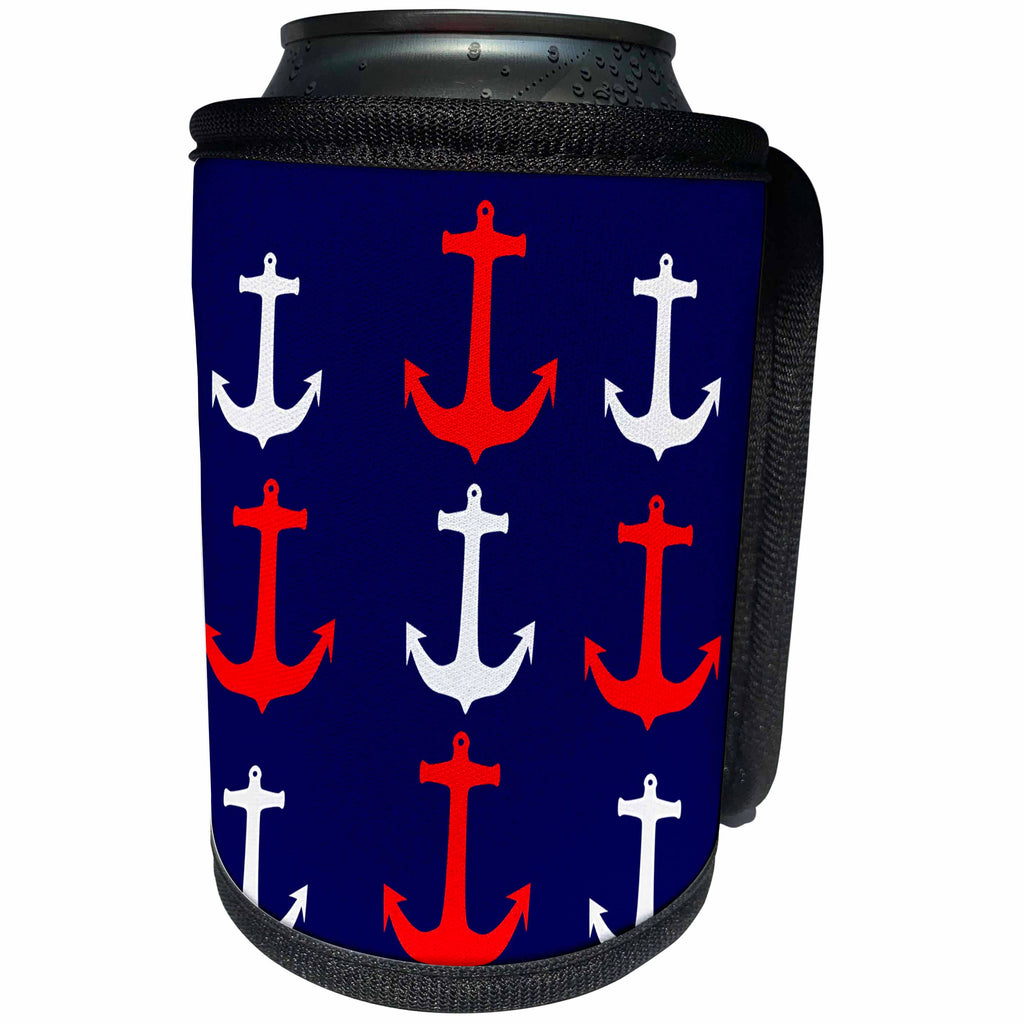 3dRose Florene Nautical Décor - Image of Red And White Anchors In Rows On Navy Blue - Can Cooler Bottle Wrap (cc_243591)