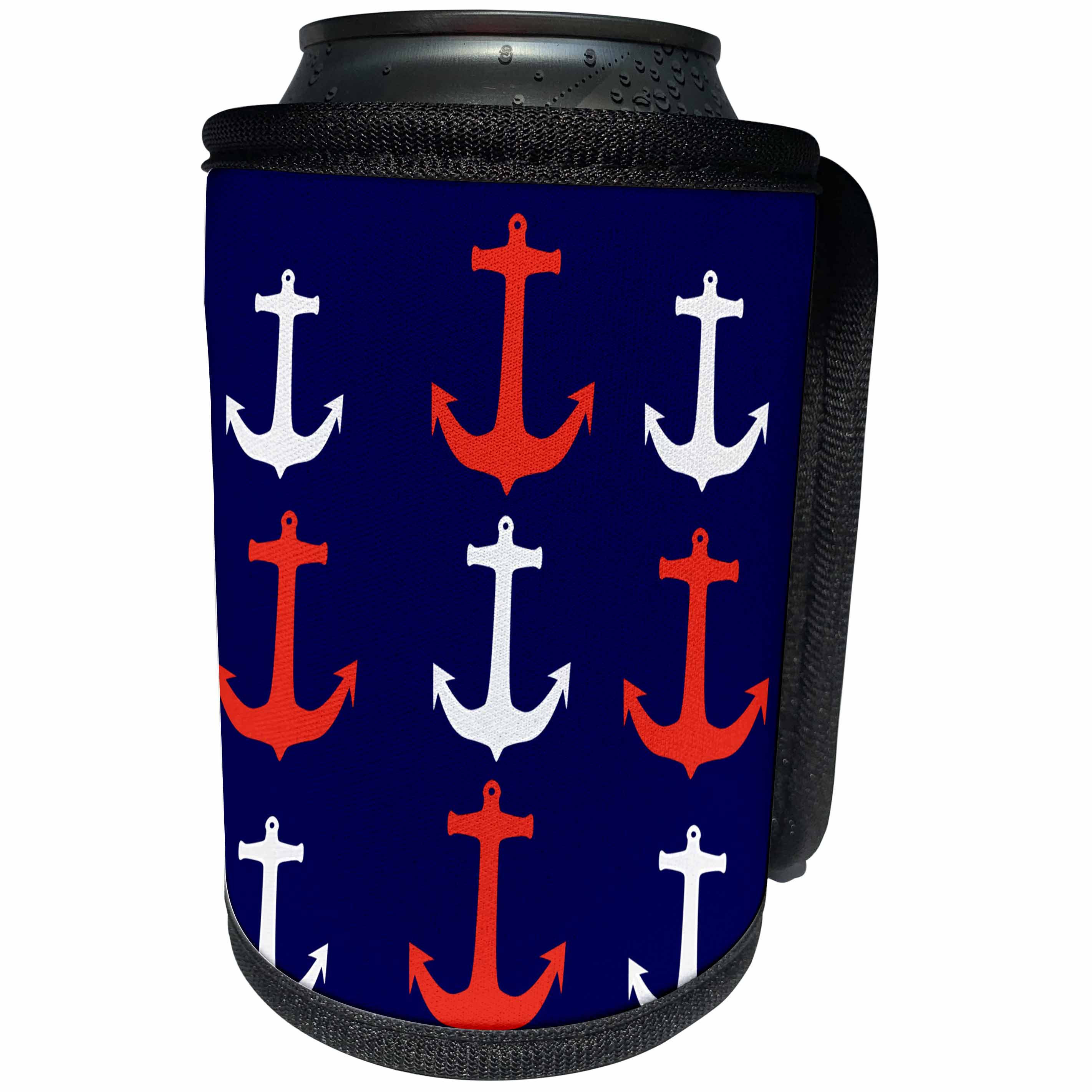3dRose Florene Nautical Décor - Image of Red And White Anchors In Rows On Navy Blue - Can Cooler Bottle Wrap (cc_243591)