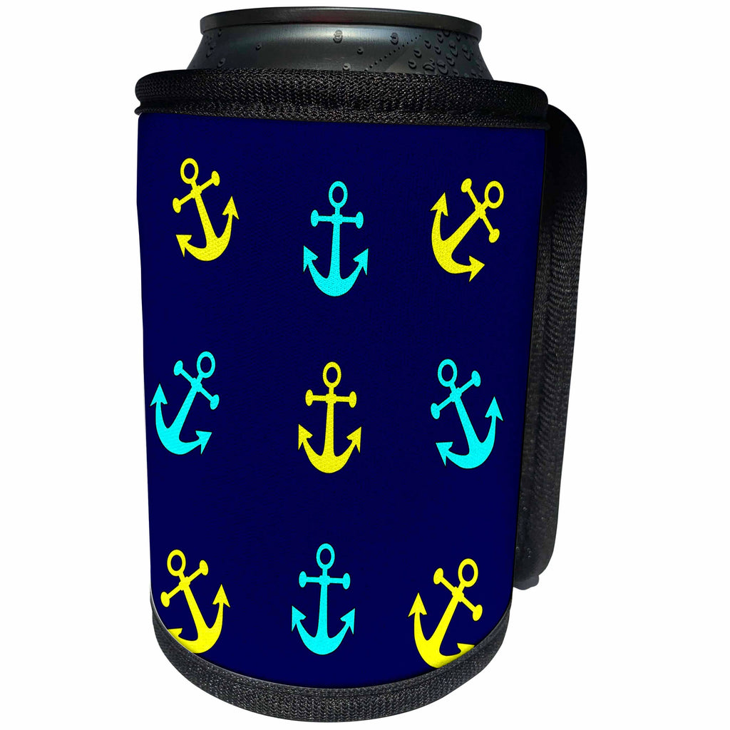 3dRose Florene Nautical Décor - Image of Blue And Yellow Anchors On Navy Blue - Can Cooler Bottle Wrap (cc_243592)