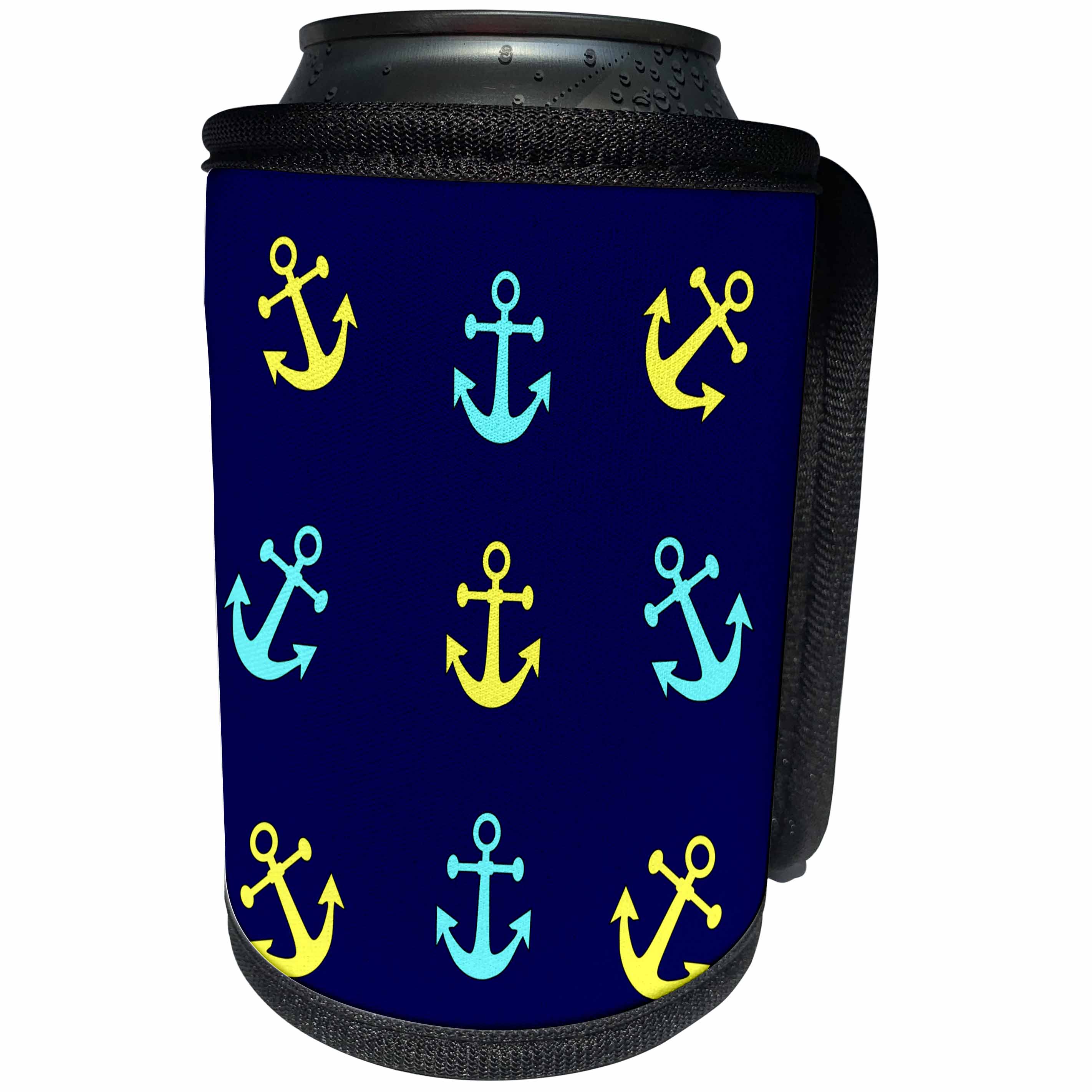 3dRose Florene Nautical Décor - Image of Blue And Yellow Anchors On Navy Blue - Can Cooler Bottle Wrap (cc_243592)