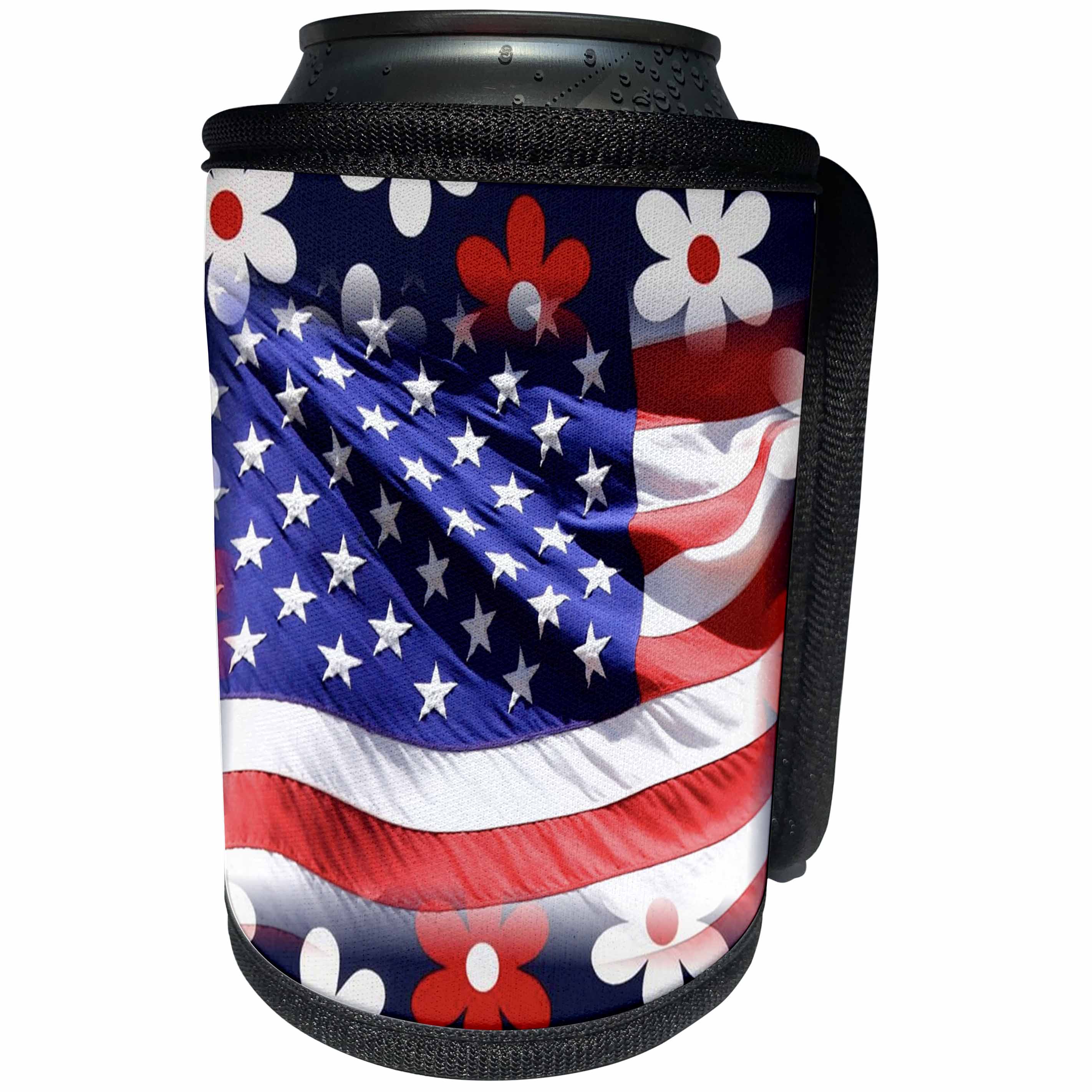3dRose Florene Patriotic - Image of American Flag On Red White Blue Flowers - Can Cooler Bottle Wrap (cc_243596)