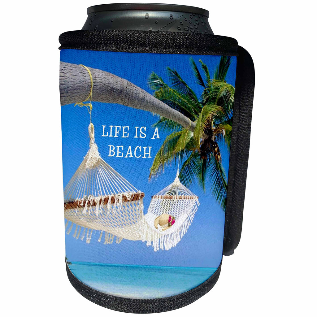 3dRose Florene Numbers Symbols And Sayings - Image of Life Is A Beach With Ocean Palm And Hammock - Can Cooler Bottle Wrap (cc_243597)