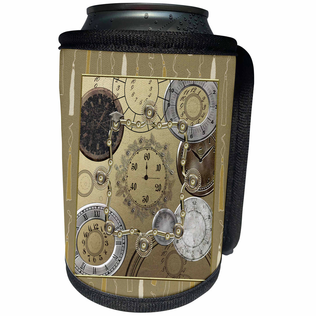 3dRose Beverly Turner Graduation Design - Time Pieces, Clocks, Graduation Caps, and Tassels, Bronze Frame - Can Cooler Bottle Wrap (cc_244192)
