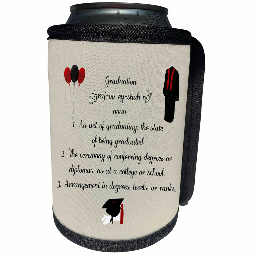 3dRose Beverly Turner Graduation Design - Definition of Graduation, Receiving Diploma, Cap, Gown, Balloons, Red - Can Cooler Bottle Wrap (cc_244196)