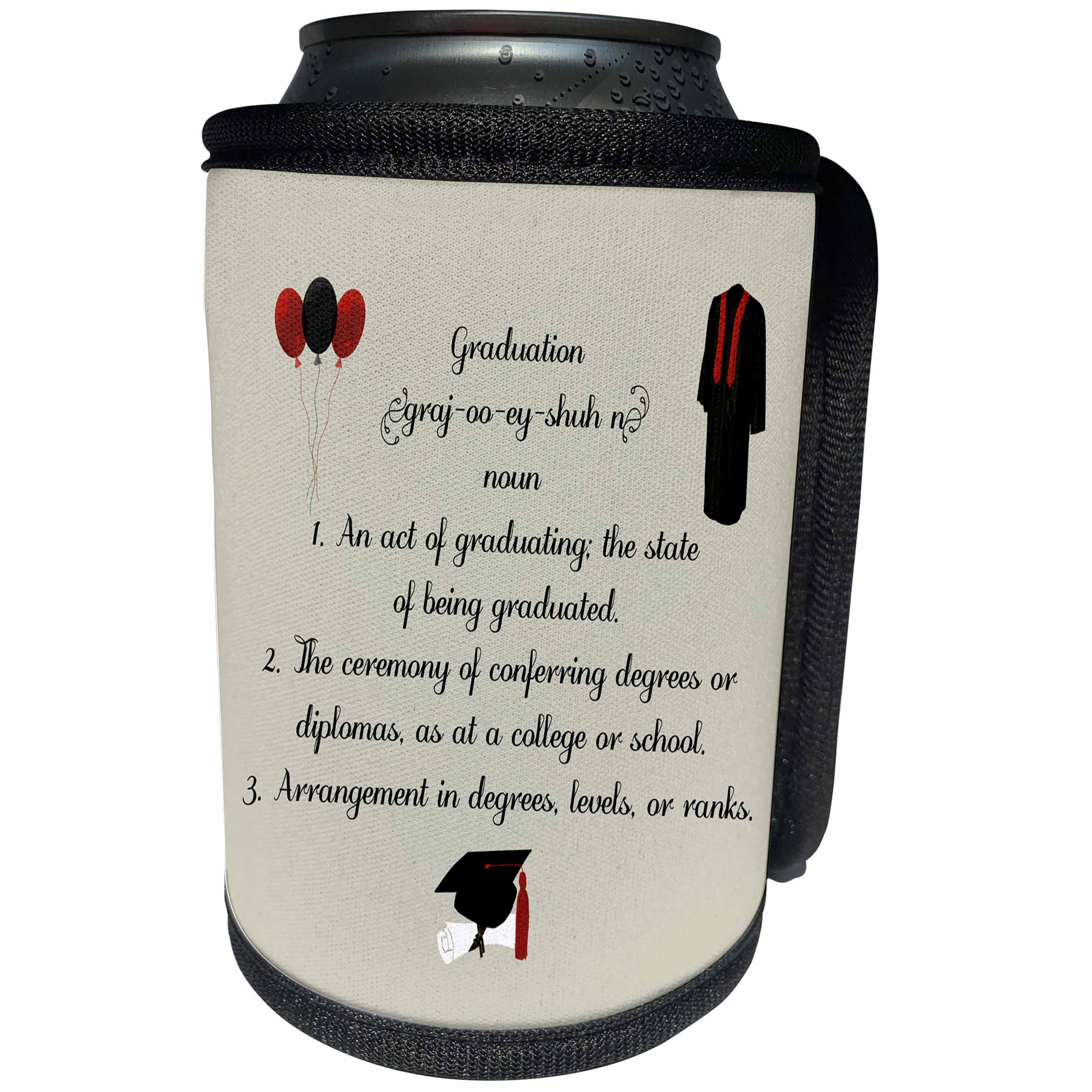 3dRose Beverly Turner Graduation Design - Definition of Graduation, Receiving Diploma, Cap, Gown, Balloons, Red - Can Cooler Bottle Wrap (cc_244196)