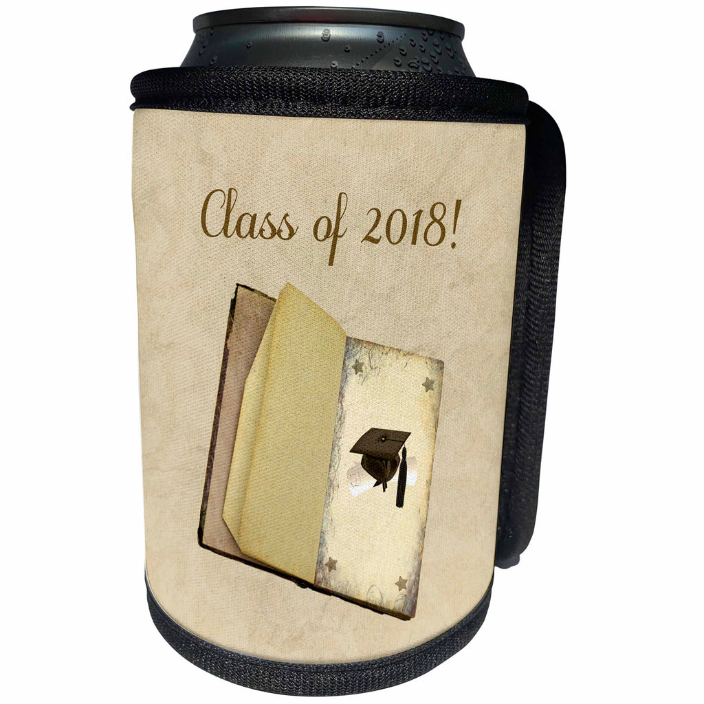 3dRose Beverly Turner Graduation Design - Class of 2018, Book with Stars, Graduation Cap and Diploma, Sepia - Can Cooler Bottle Wrap (cc_244204)