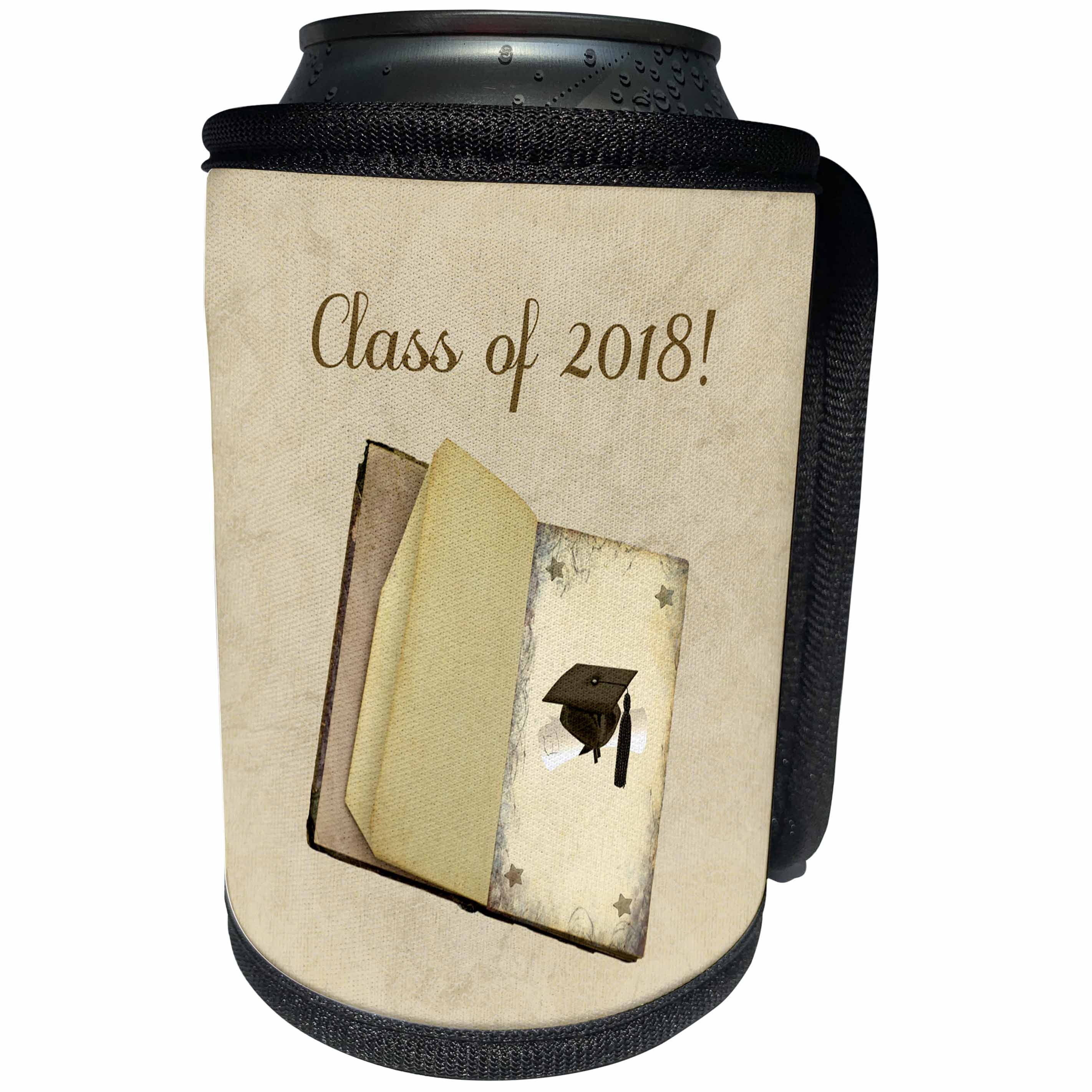 3dRose Beverly Turner Graduation Design - Class of 2018, Book with Stars, Graduation Cap and Diploma, Sepia - Can Cooler Bottle Wrap (cc_244204)