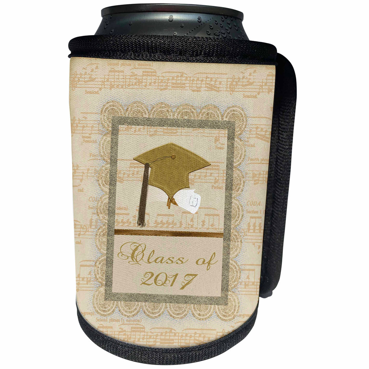 3dRose Beverly Turner Graduation Design - Cap, Diploma, Musical Notes, Peach, Class of 2017 - Can Cooler Bottle Wrap (cc_244208)