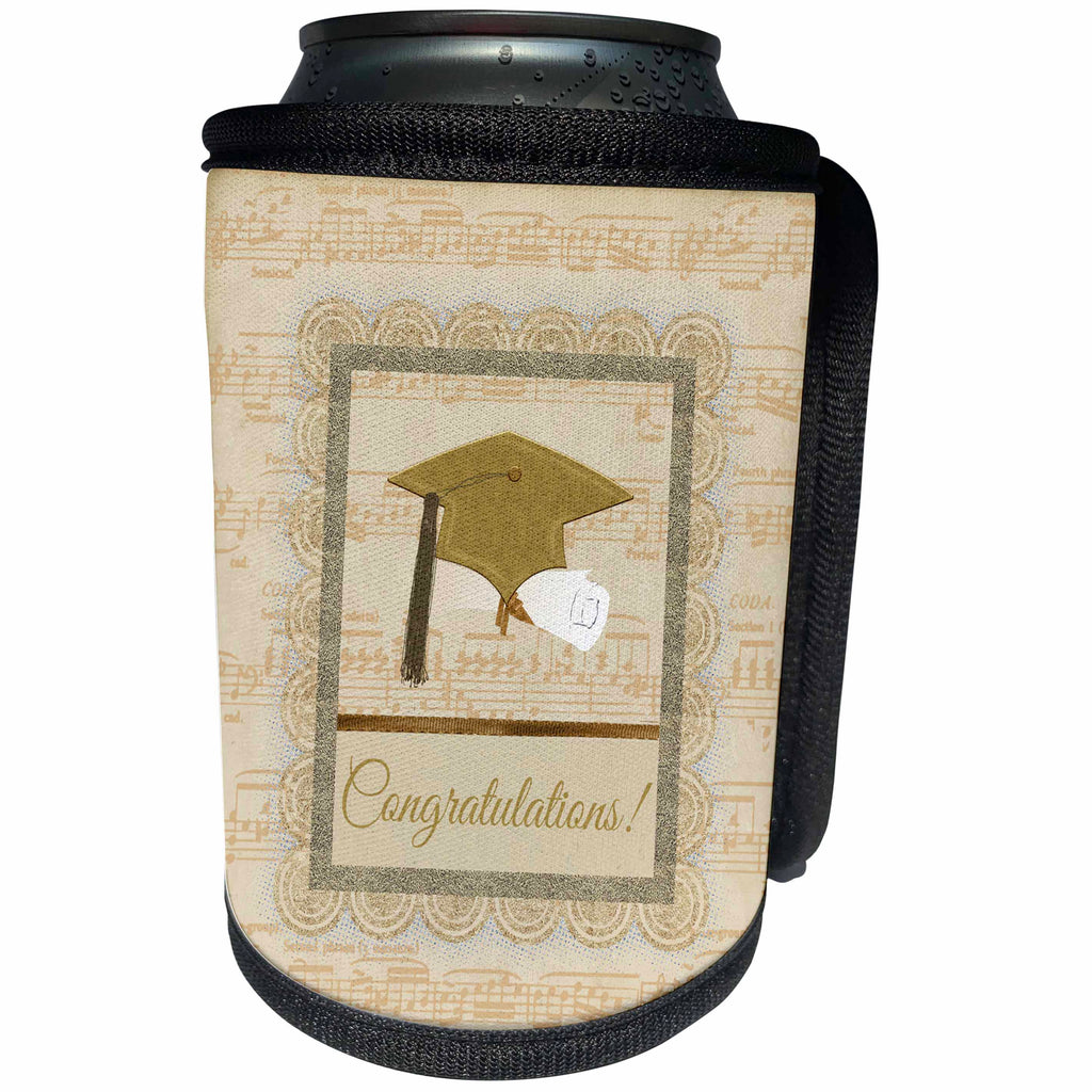 3dRose Beverly Turner Graduation Design - Cap, Diploma, Musical Notes, Peach, Congratulations - Can Cooler Bottle Wrap (cc_244209)