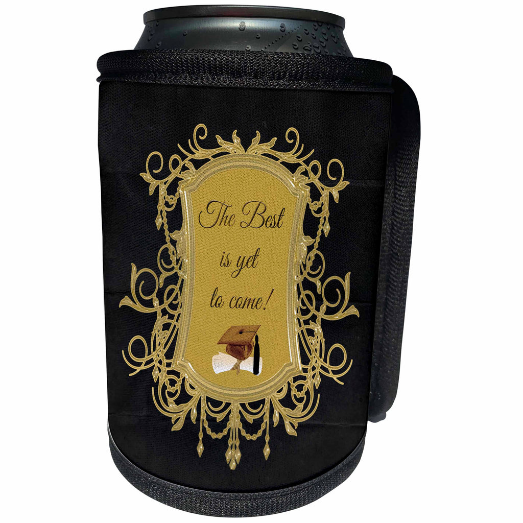 3dRose Beverly Turner Graduation Design - The Best is Yet to Come, Elegant Frame, Cap and Diploma, Gold - Can Cooler Bottle Wrap (cc_244211)