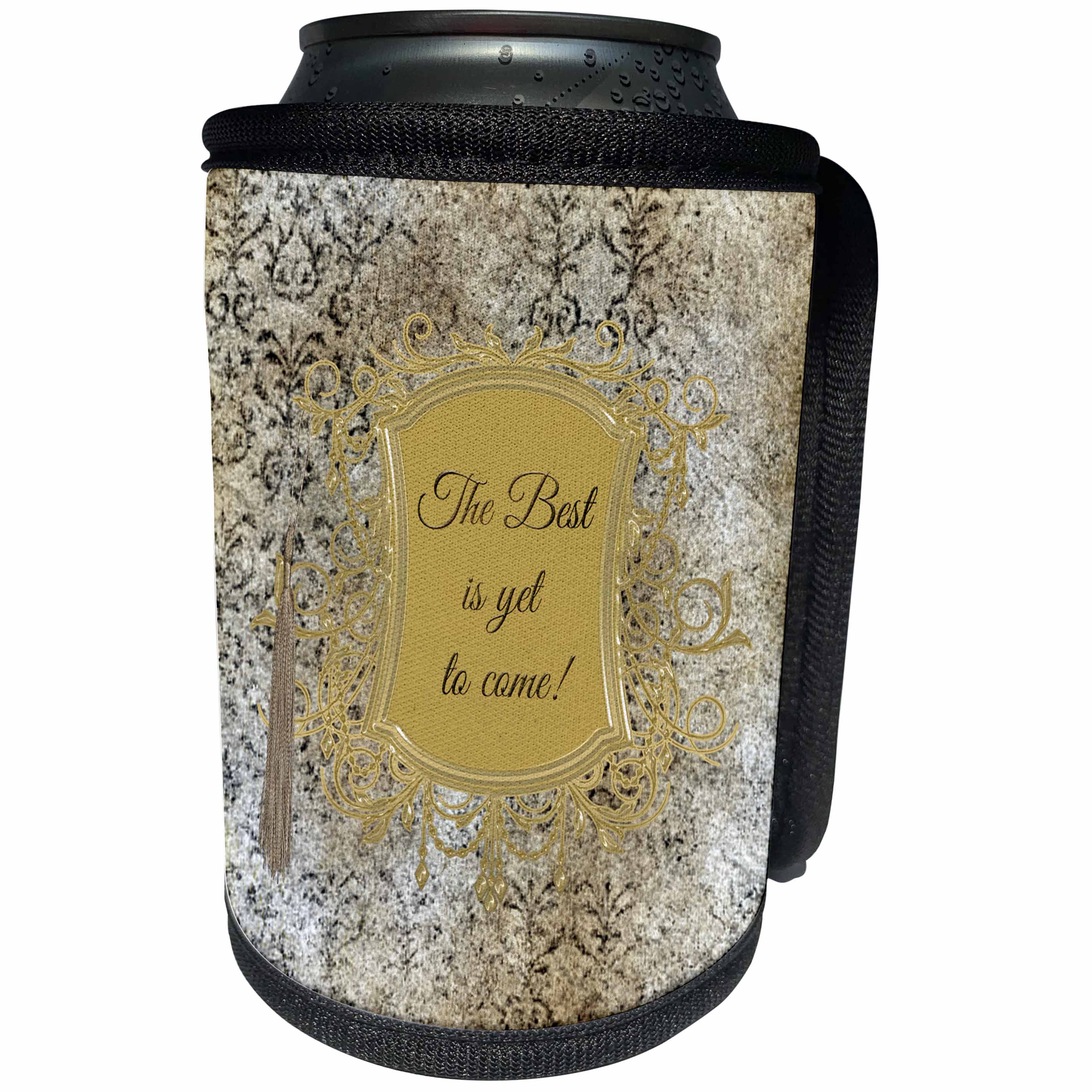 3dRose Beverly Turner Graduation Design - The Best is Yet to Come, Elegant Frame, Tassel Damask Design, Gold - Can Cooler Bottle Wrap (cc_244213)
