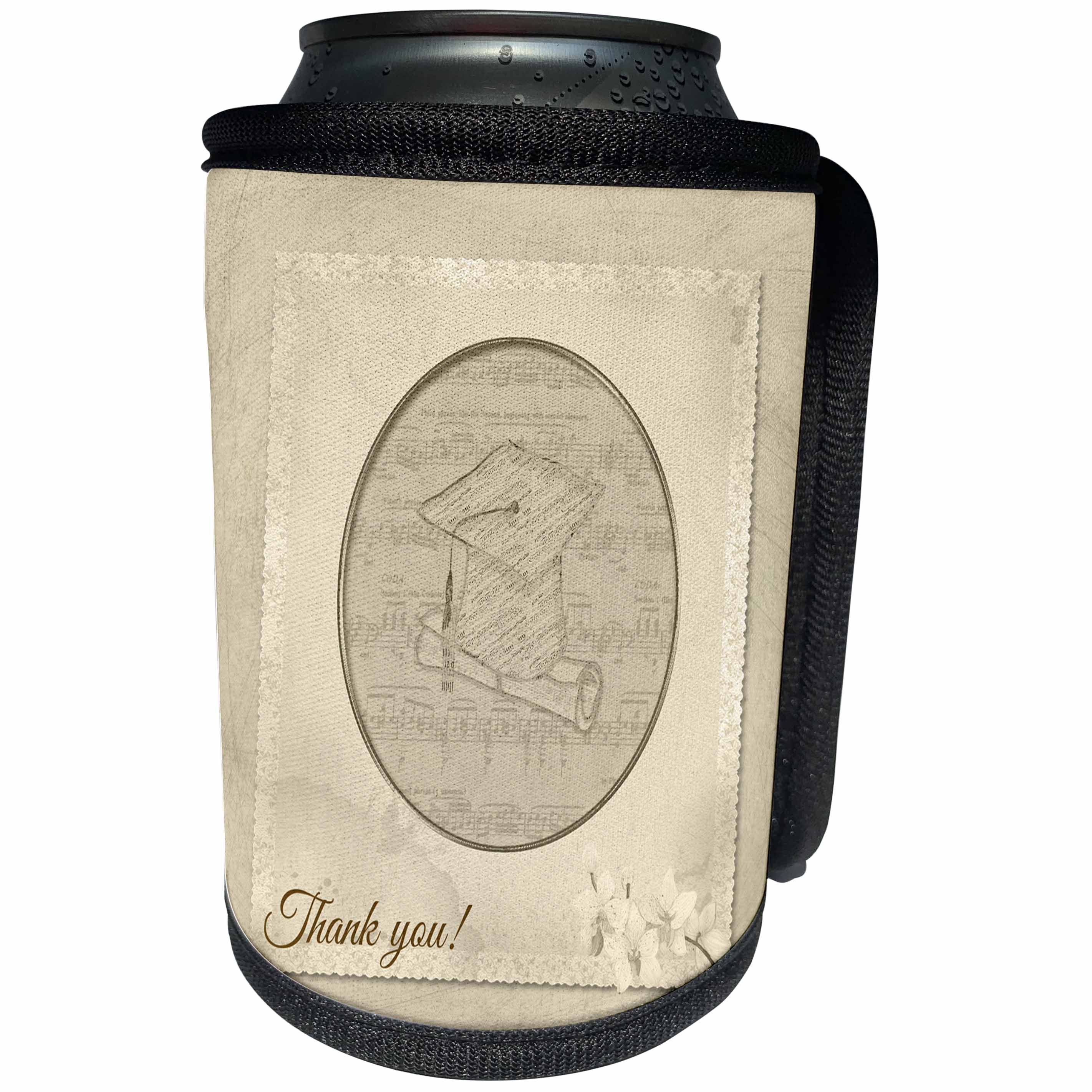 3dRose Beverly Turner Graduation Design - Music Theme, Cap and Diploma, Flowers, Thank you, Cream - Can Cooler Bottle Wrap (cc_244216)