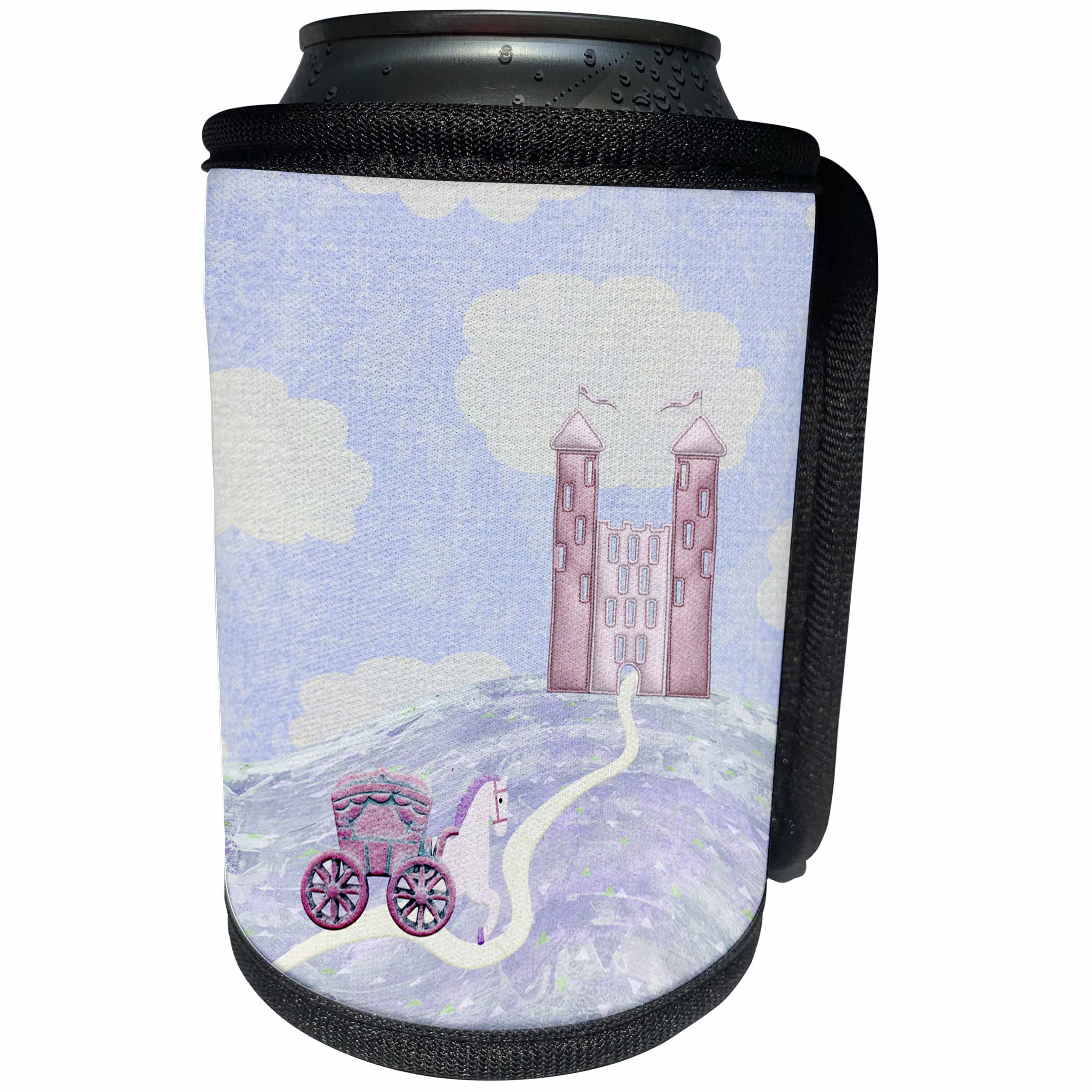 3dRose Beverly Turner Princess Design - Horse Drawn Carriage Traveling to a Castle on a Hill, Pink - Can Cooler Bottle Wrap (cc_244218)