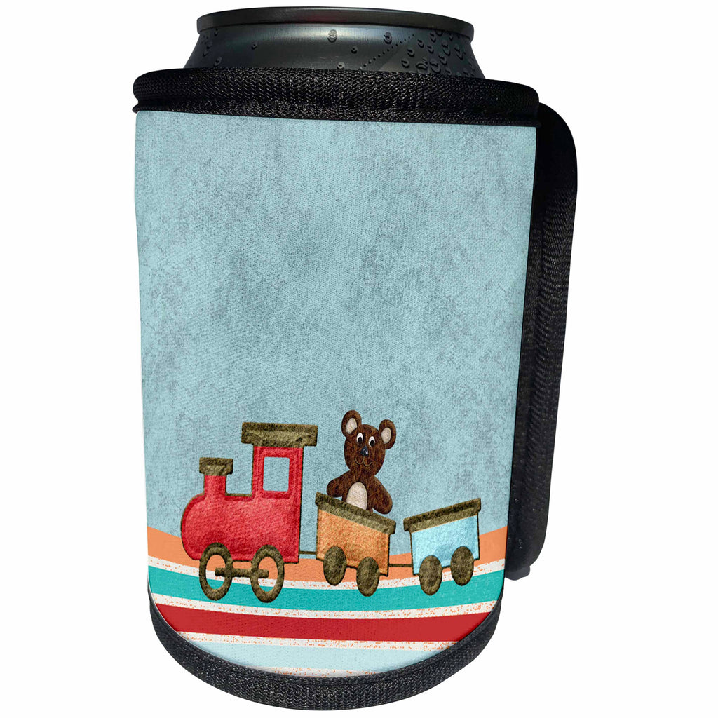3dRose Beverly Turner Baby Stuff Design - Baby Bear Riding on a Train, Colorful Design - Can Cooler Bottle Wrap (cc_244220)
