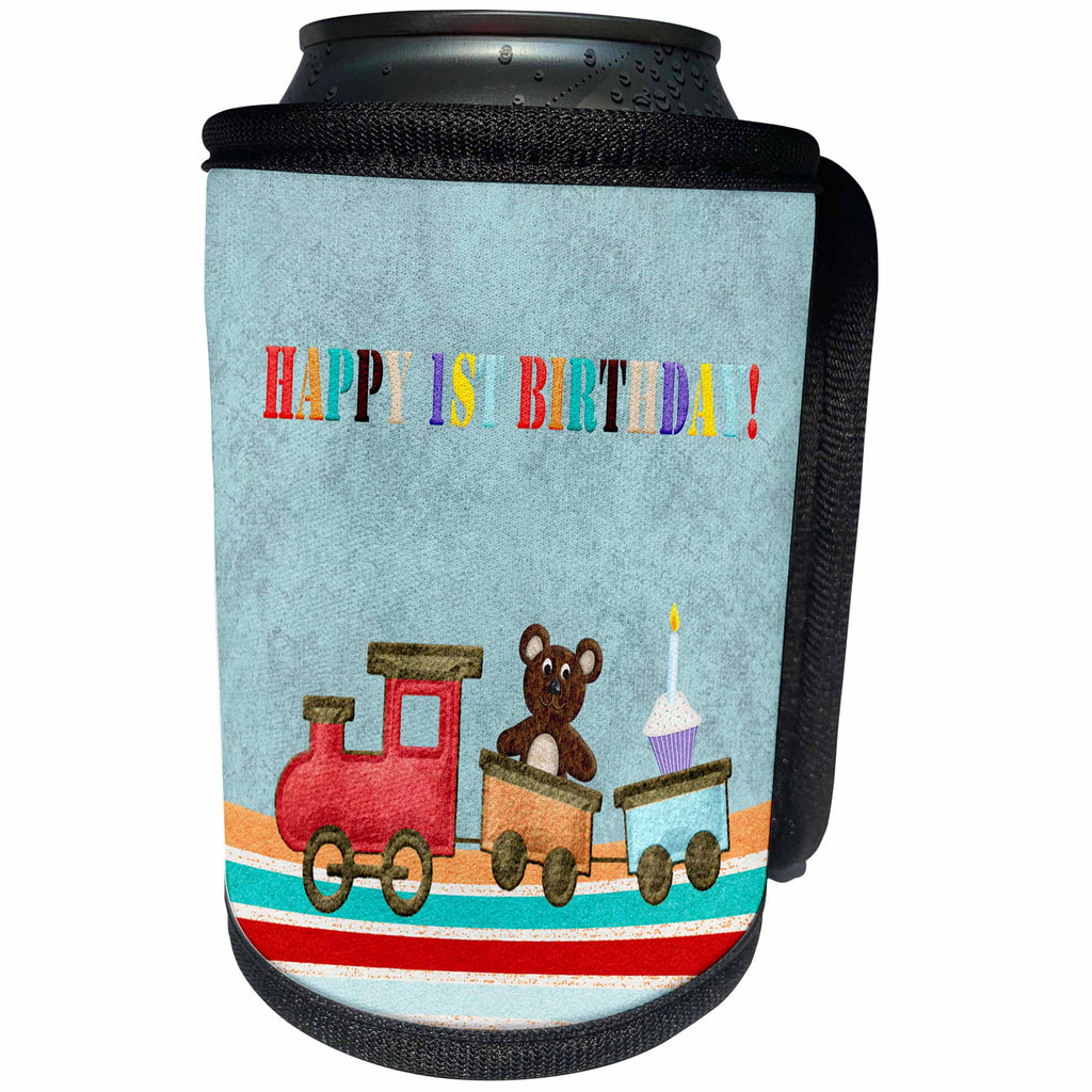 3dRose Beverly Turner Birthday Design - Baby Bear Riding on a Train, Colorful Design, Happy 1st Birthday - Can Cooler Bottle Wrap (cc_244221)