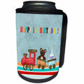 3dRose Beverly Turner Birthday Design - Baby Bear Riding on a Train, Colorful Design, Happy 1st Birthday - Can Cooler Bottle Wrap (cc_244221)