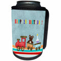 3dRose Beverly Turner Birthday Design - Baby Bear Riding on a Train, Colorful Design, Happy 2nd Birthday - Can Cooler Bottle Wrap (cc_244222)
