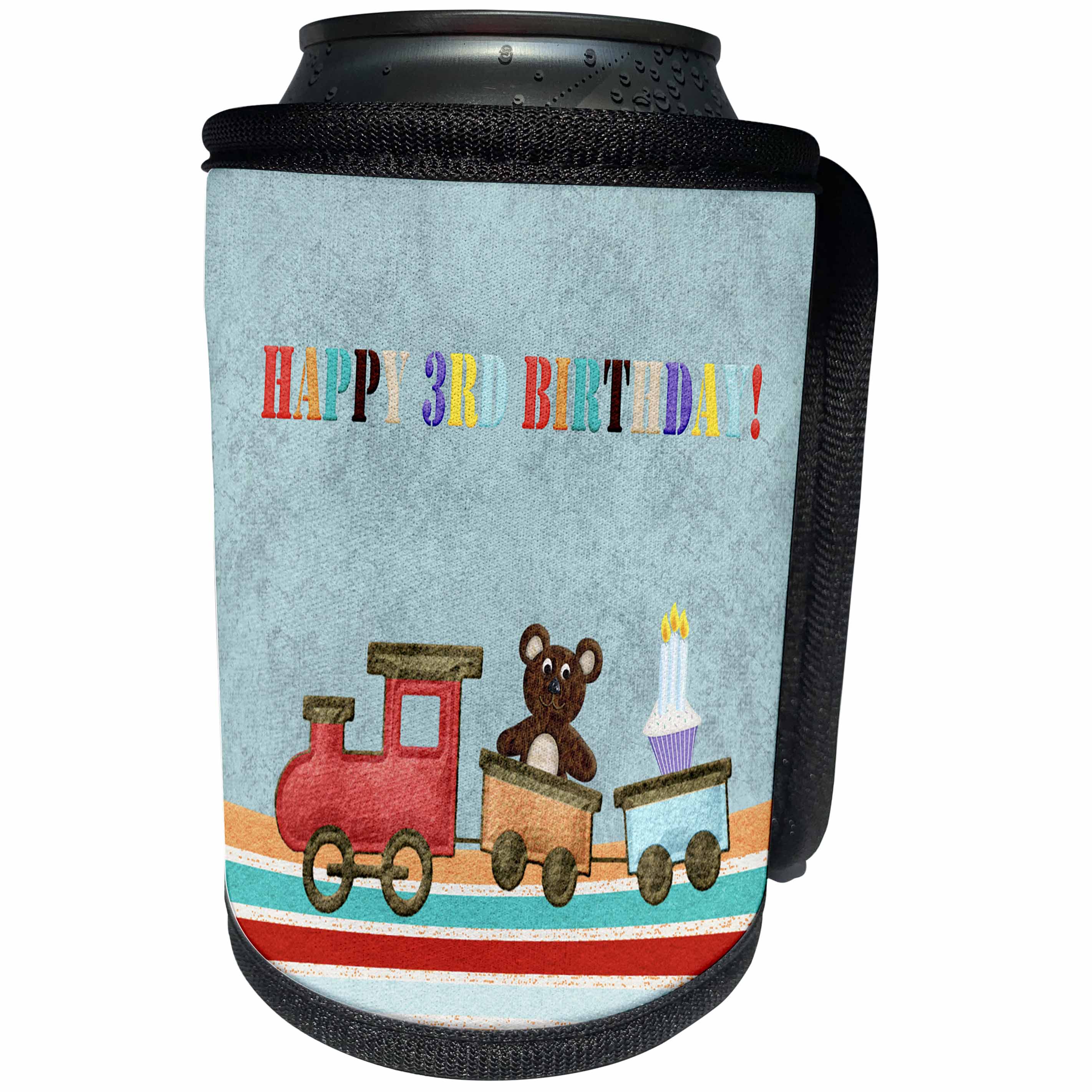 3dRose Beverly Turner Birthday Design - Baby Bear Riding on a Train, Colorful Design, Happy 3rd Birthday - Can Cooler Bottle Wrap (cc_244223)