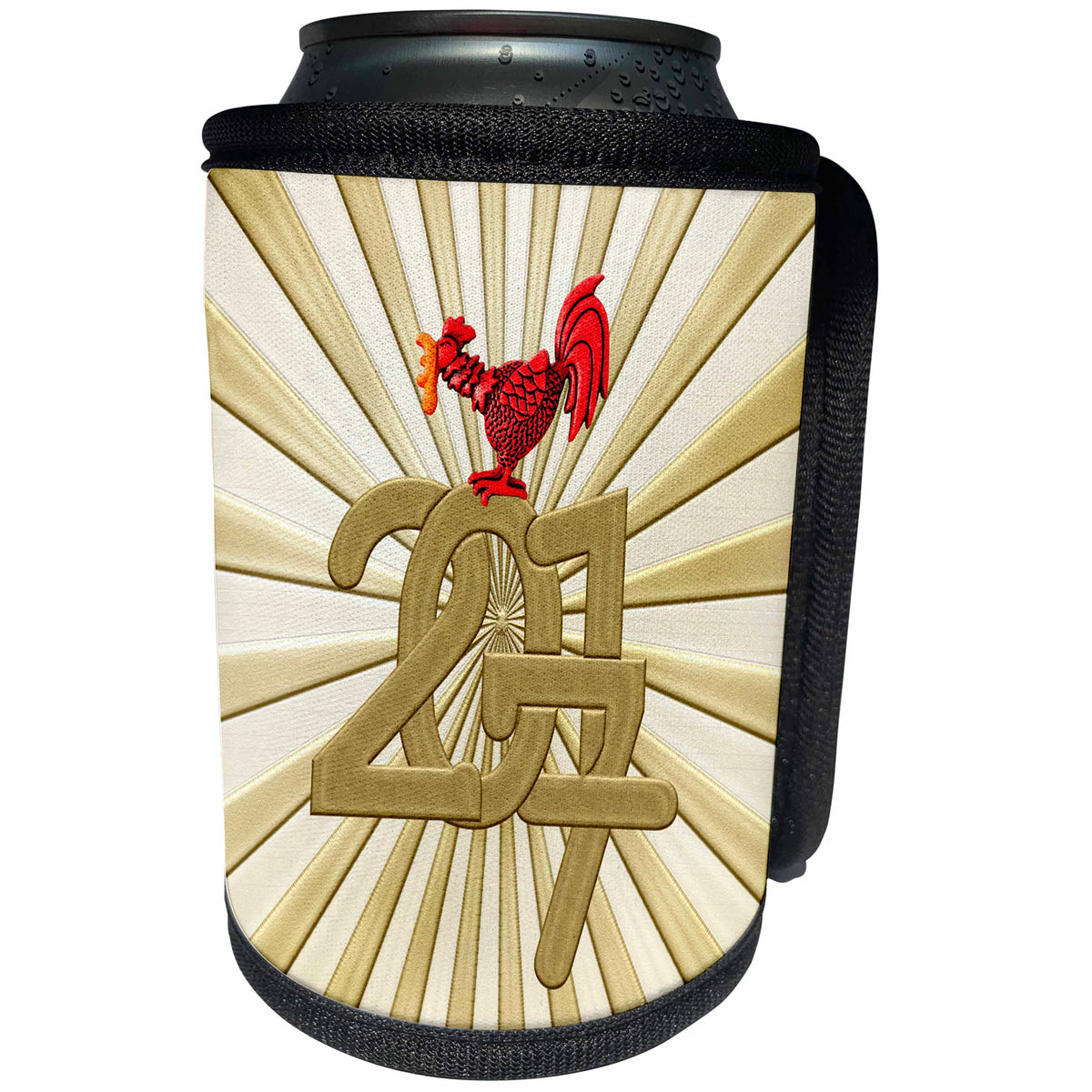 3dRose Beverly Turner Chinese New Year Design - Crowing Red Orange Rooster on 2017, Gold Rays Background - Can Cooler Bottle Wrap (cc_244228)