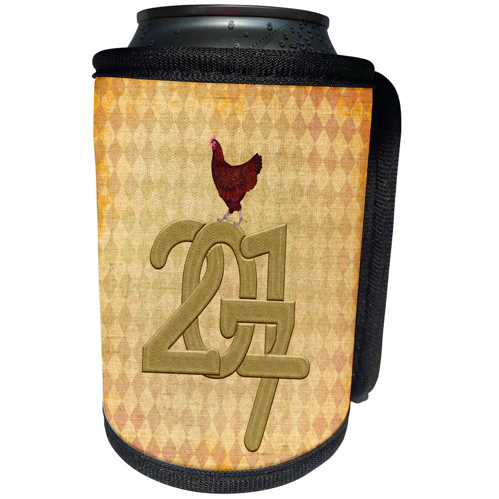 3dRose Beverly Turner Chinese New Year Design - Red Chicken Hen on 2017 Numbers, Peach Orange Diamond Background - Can Cooler Bottle Wrap (cc_244229)