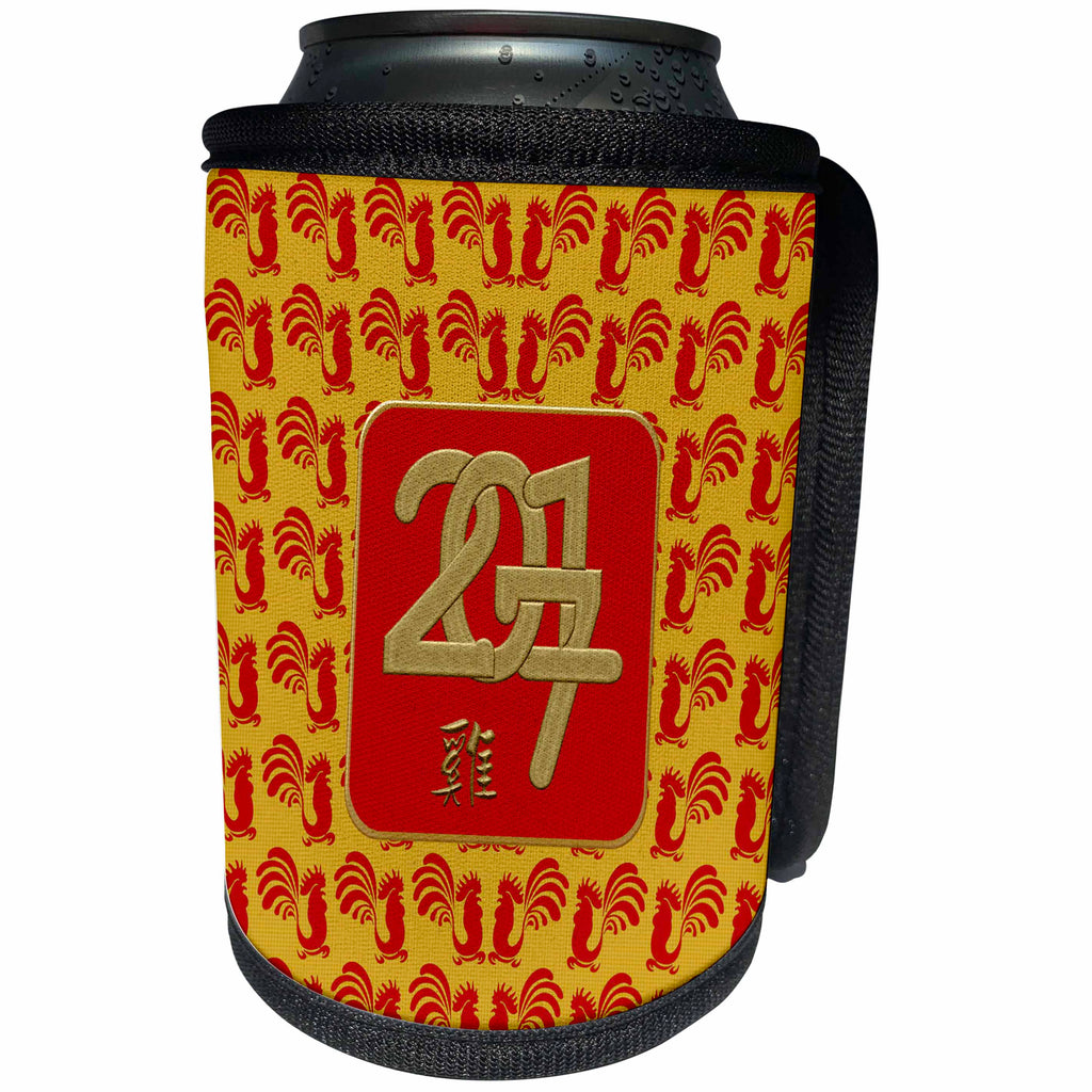 3dRose Beverly Turner Chinese New Year Design - 2017 Framed, Red Roosters Background, Sign of the Rooster in Chinese - Can Cooler Bottle Wrap (cc_244230)