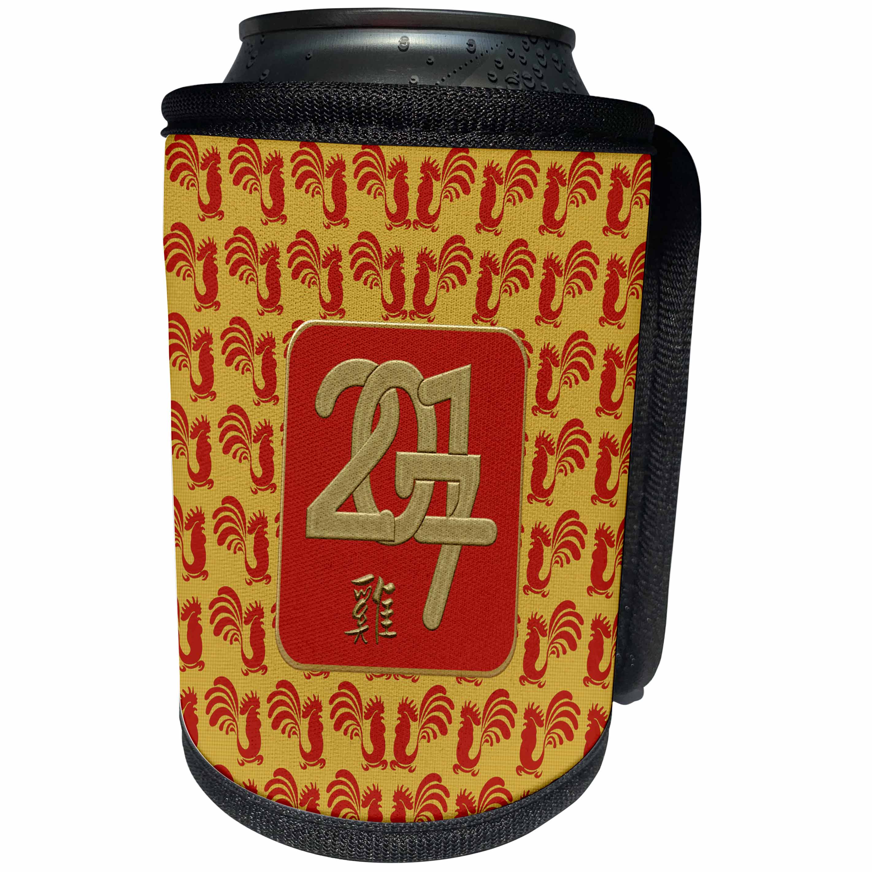 3dRose Beverly Turner Chinese New Year Design - 2017 Framed, Red Roosters Background, Sign of the Rooster in Chinese - Can Cooler Bottle Wrap (cc_244230)