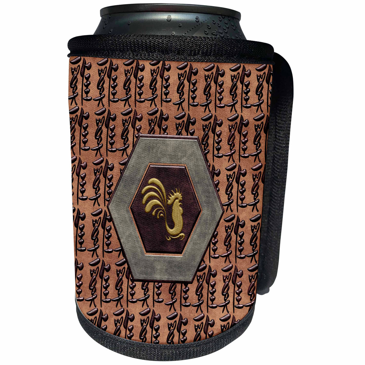 3dRose Beverly Turner Chinese New Year Design - Gold Rooster, Hexagon, Chinese Writing Background, Black, Mauve, Gray - Can Cooler Bottle Wrap (cc_244231)