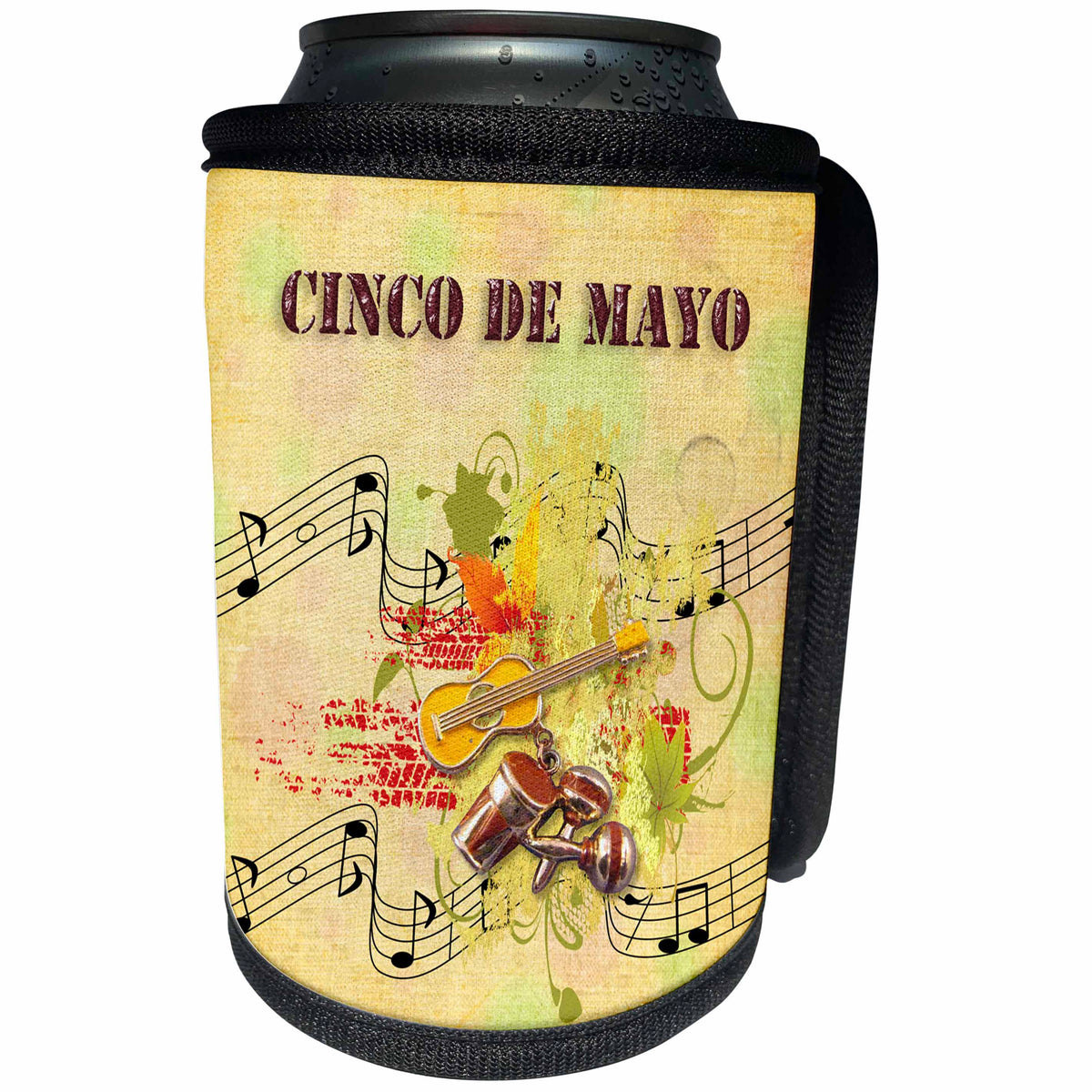 3dRose Beverly Turner Cinco De Mayo Design - Cinco de Mayo Maracas, Guitar, Bongos, Musical Notes Abstract, Yellow - Can Cooler Bottle Wrap (cc_244235)