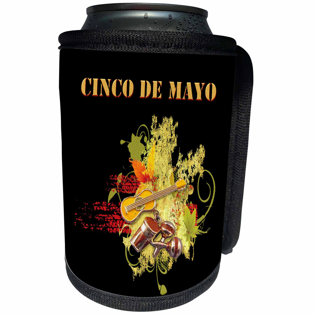 3dRose Beverly Turner Cinco De Mayo Design - Cinco de Mayo Maracas, Guitar, Bongos, Musical Notes Abstract, Black - Can Cooler Bottle Wrap (cc_244237)