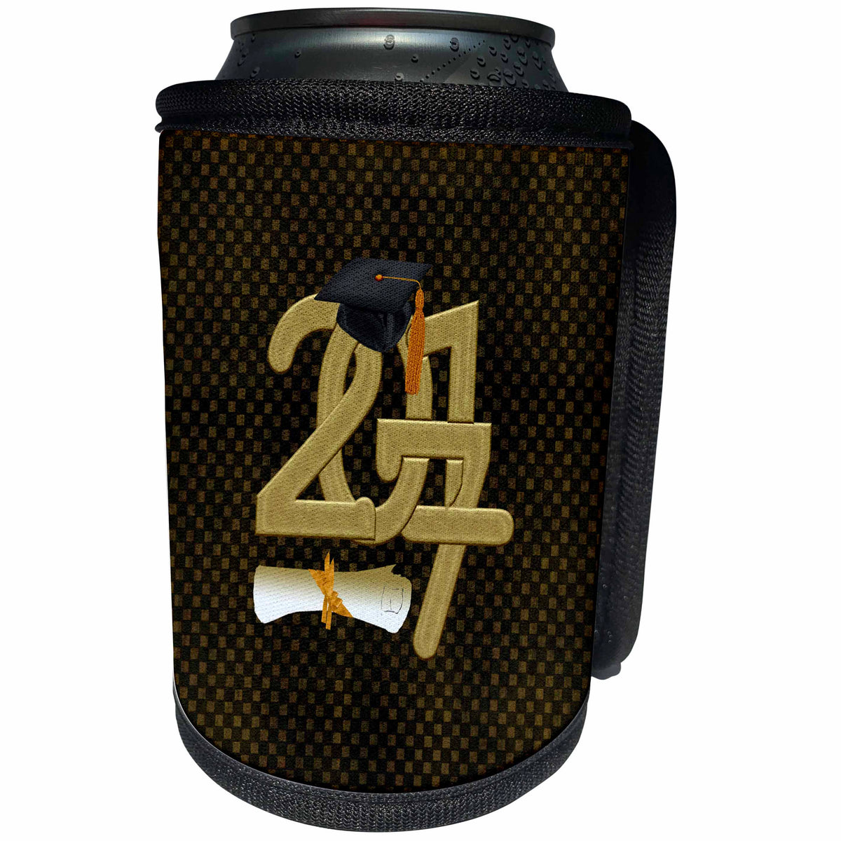 3dRose Beverly Turner Graduation Design - Gold 2017 Graduation Cap and Diploma, Gold, Brown Square Background - Can Cooler Bottle Wrap (cc_244238)