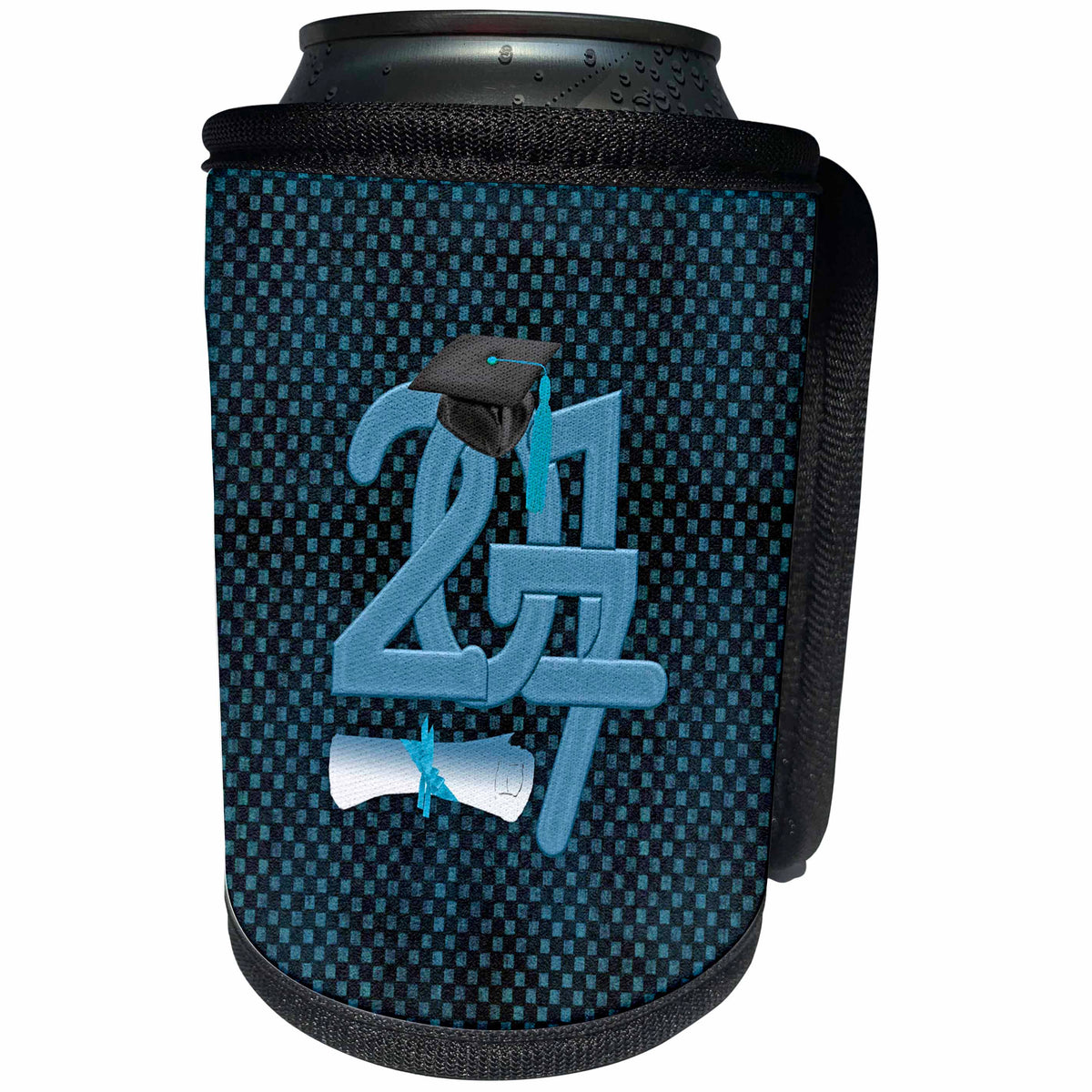 3dRose Beverly Turner Graduation Design - Blue 2017 Graduation Cap and Diploma, Blue, Black Square Background - Can Cooler Bottle Wrap (cc_244239)