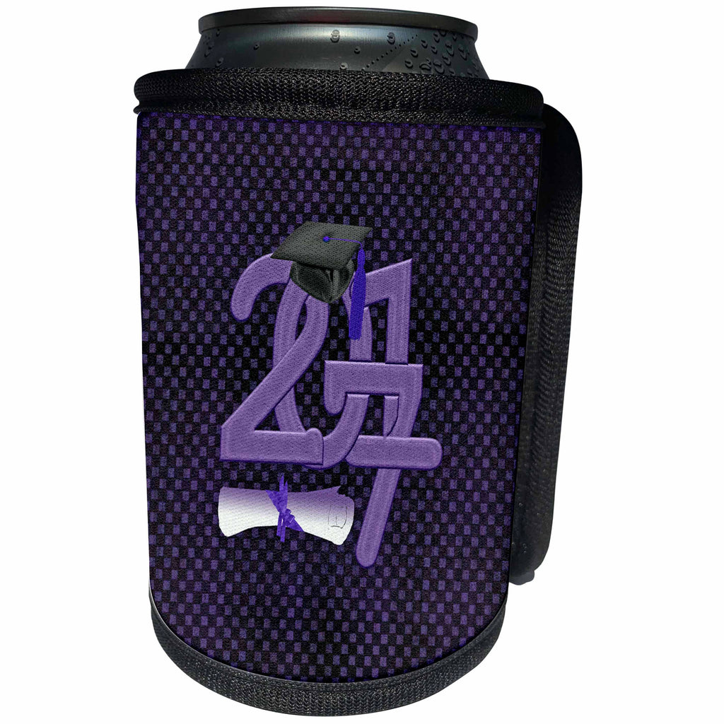 3dRose Beverly Turner Graduation Design - Purple 2017 Graduation Cap and Diploma Purple, Black Square Background - Can Cooler Bottle Wrap (cc_244241)