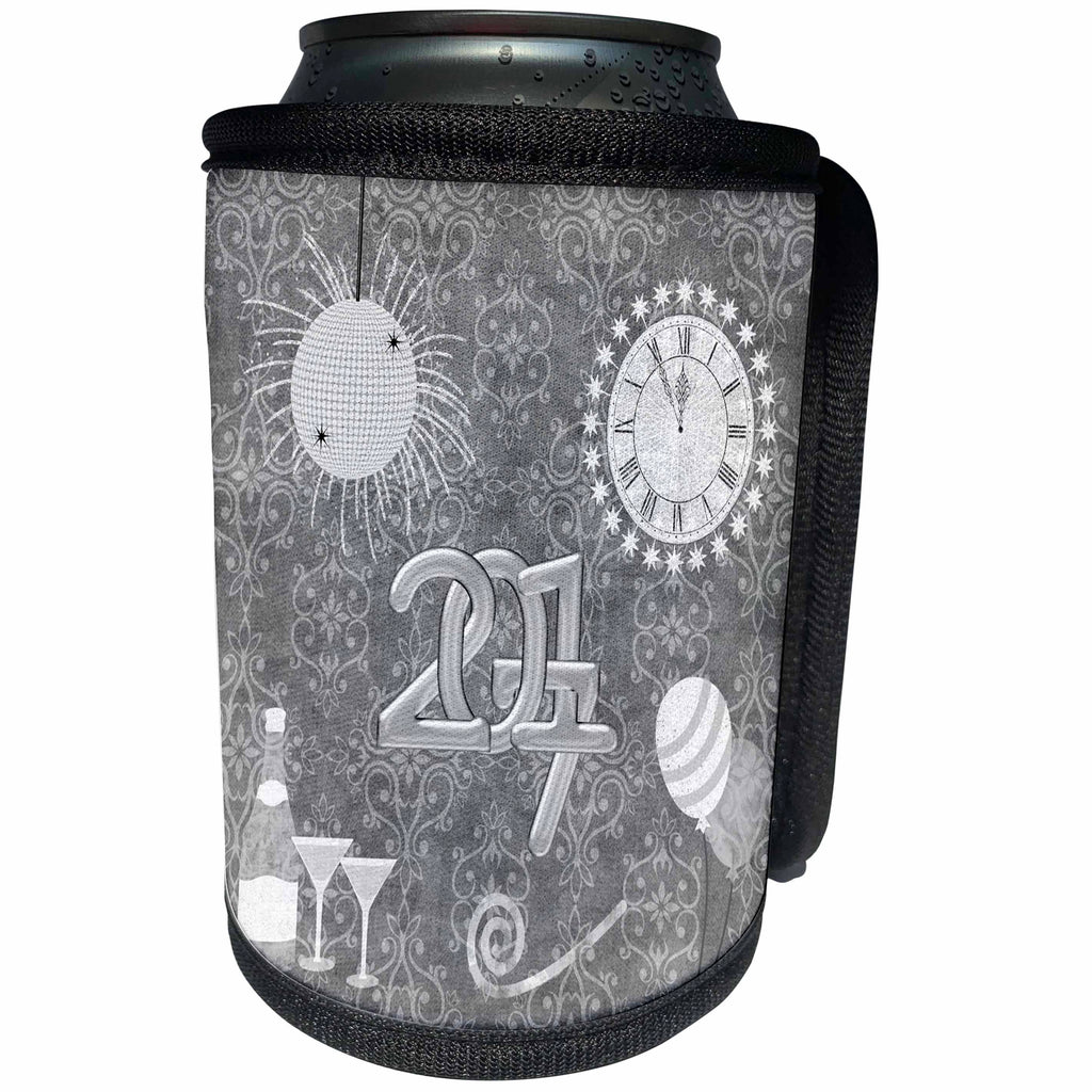3dRose Beverly Turner New Years Design - New Year 2017, Ball, Champagne, Glasses, Clock, Balloon, Whistle, Gray - Can Cooler Bottle Wrap (cc_244243)