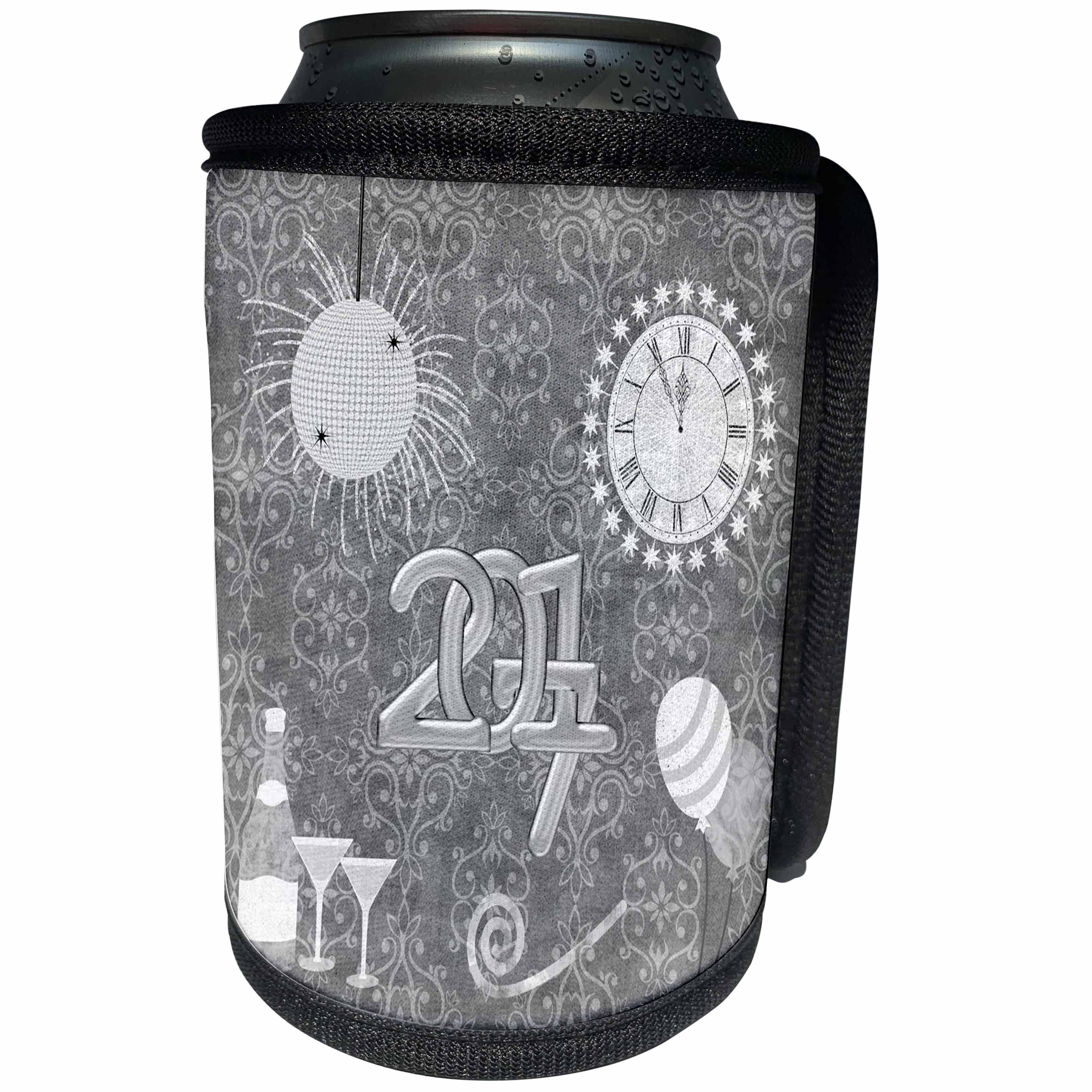 3dRose Beverly Turner New Years Design - New Year 2017, Ball, Champagne, Glasses, Clock, Balloon, Whistle, Gray - Can Cooler Bottle Wrap (cc_244243)