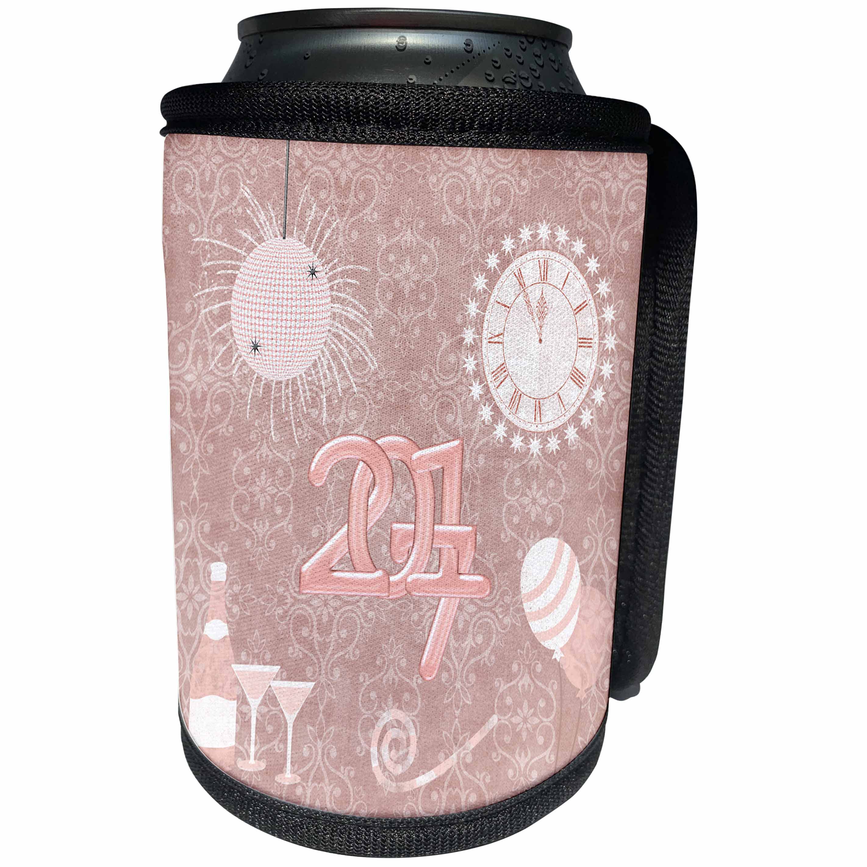 3dRose Beverly Turner New Years Design - New Year 2017, Champagne, Glasses, Clock, Balloon, Whistle, pink - Can Cooler Bottle Wrap (cc_244245)