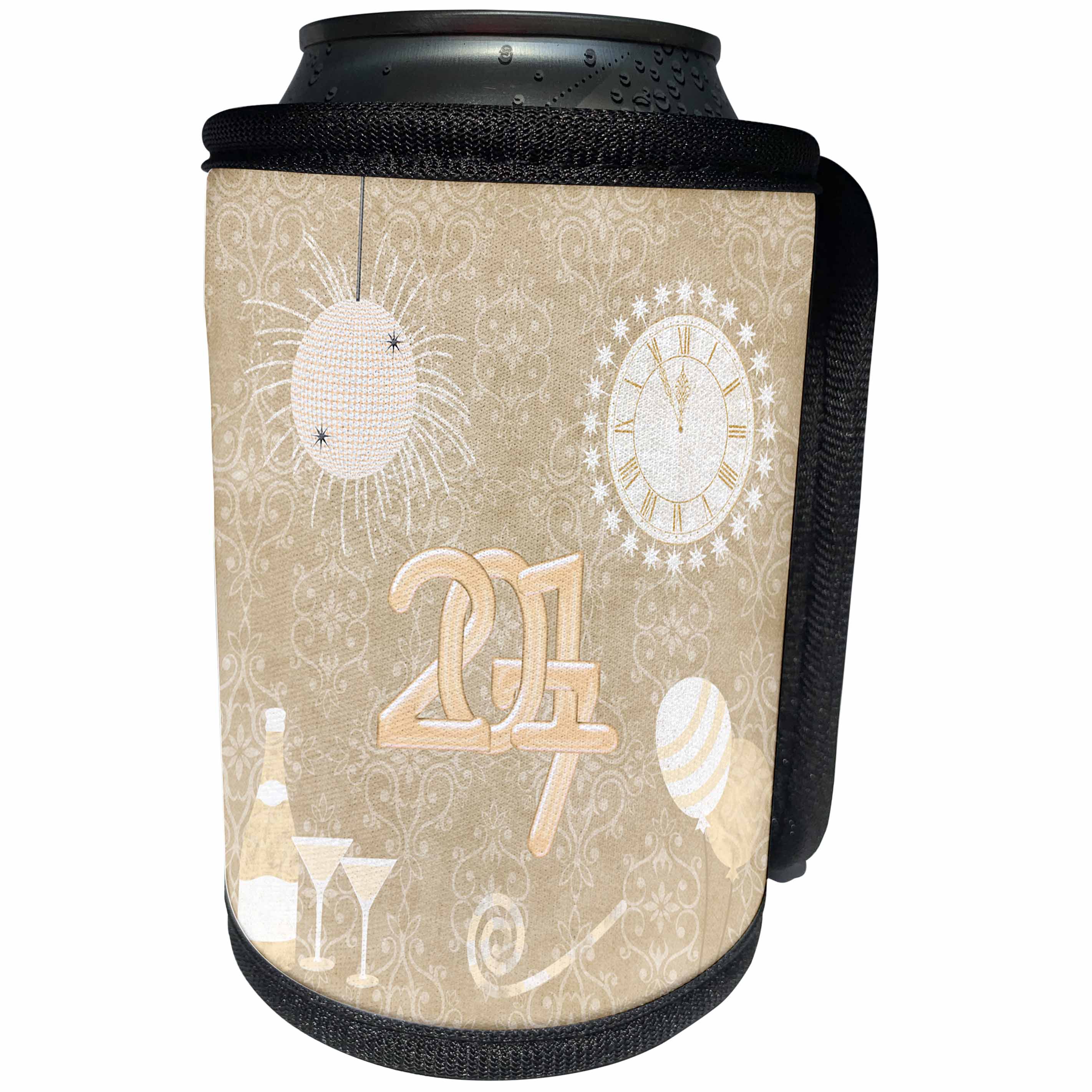 3dRose Beverly Turner New Years Design - New Year 2017, Champagne, Glasses, Clock, Balloon, Whistle, Peach - Can Cooler Bottle Wrap (cc_244246)